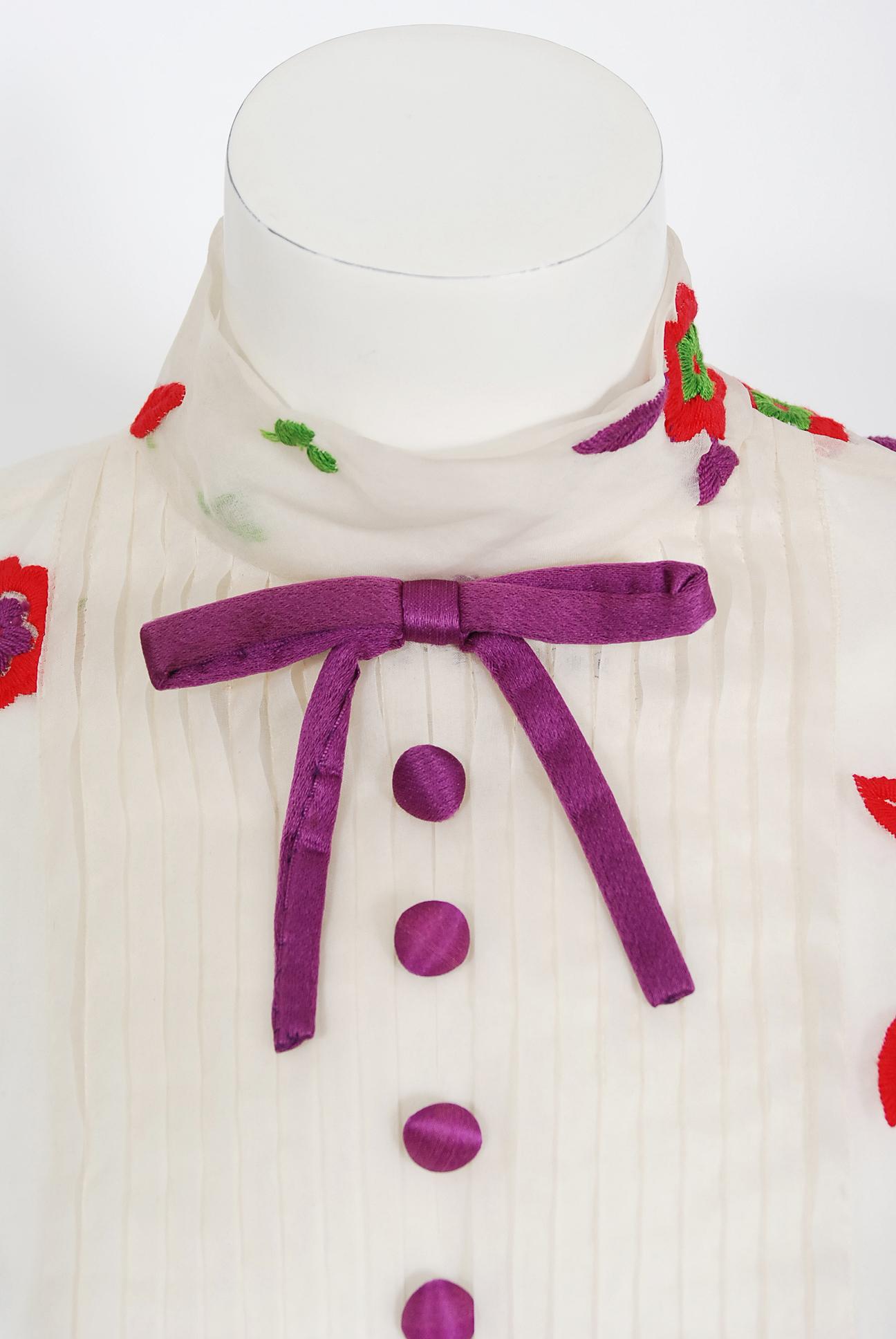 Women's Vintage 1970's Donald Brooks Embroidered Silk Blouse & Velvet Pinafore Dress Set