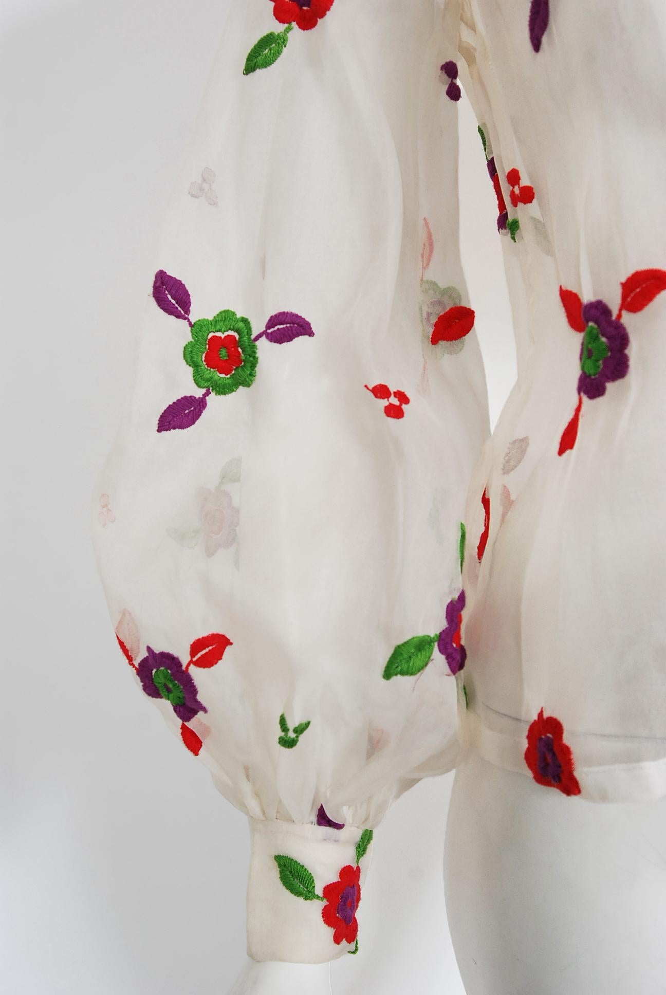 Vintage 1970's Donald Brooks Embroidered Silk Blouse & Velvet Pinafore Dress Set 1