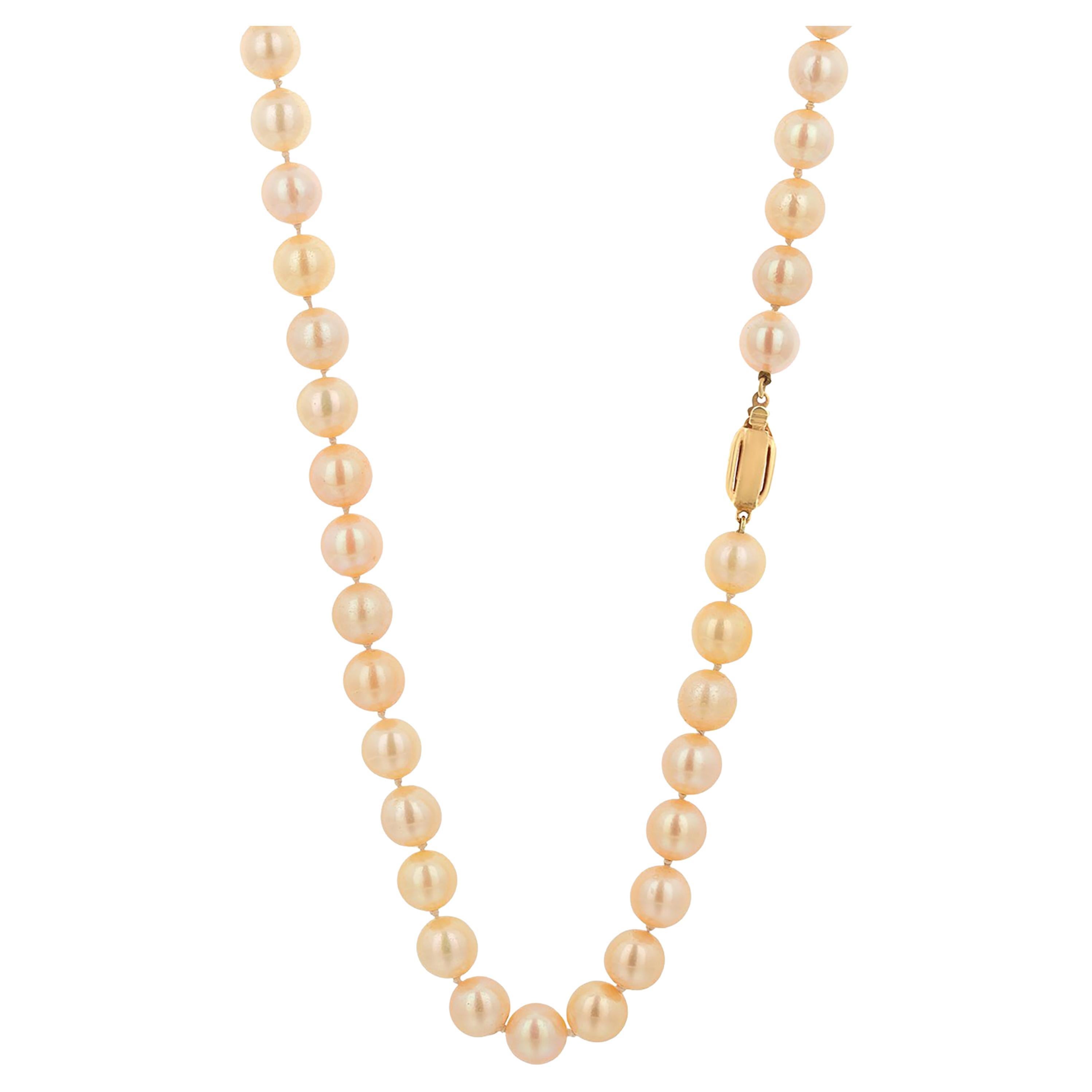Vintage 1970s Double Strand Cultured Pearl 30 inch Long 14k Gold Clasp Necklace For Sale