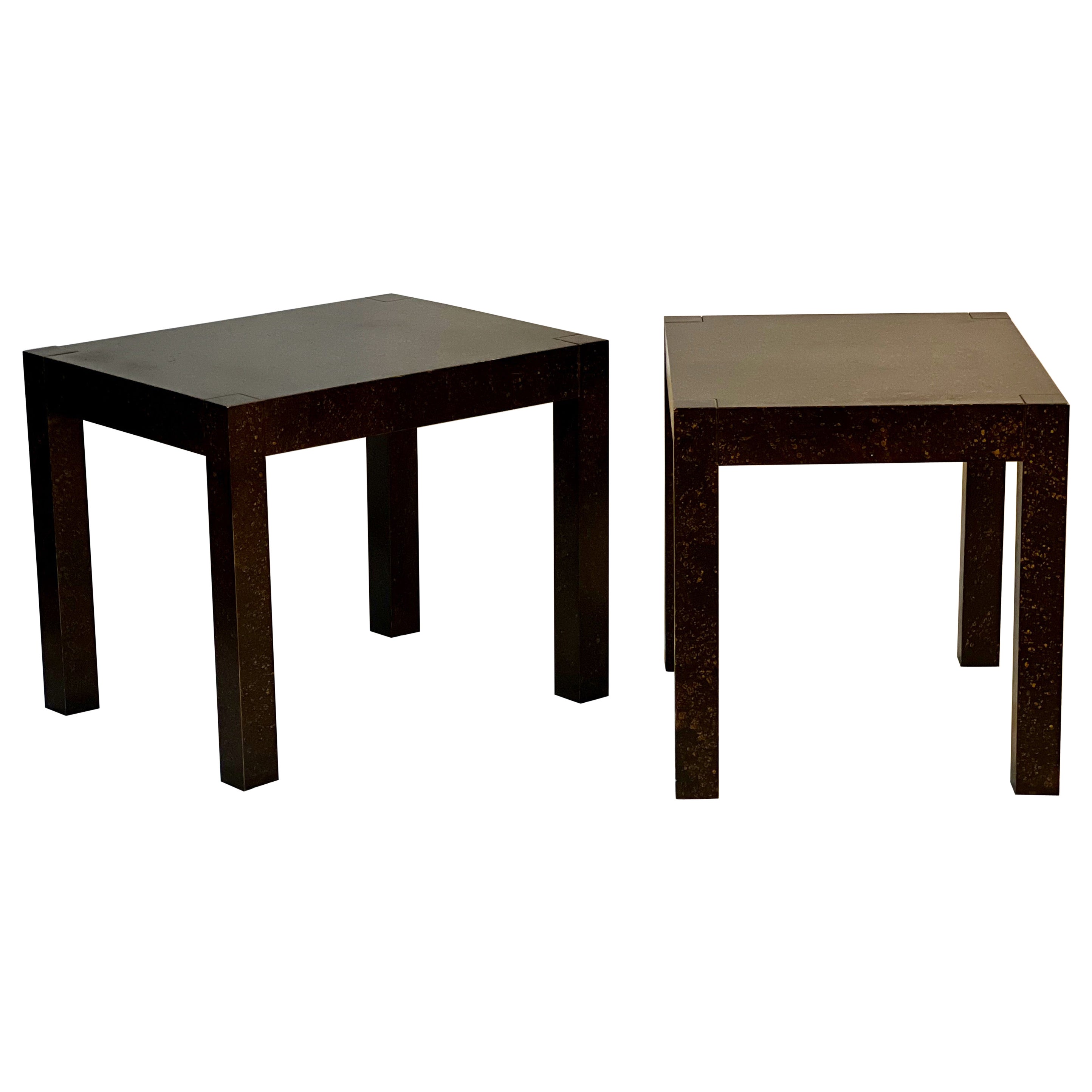 Vintage 1970s Drexel Parsons Black and Gold Oil Drop Lacquered Side Tables, Pair For Sale