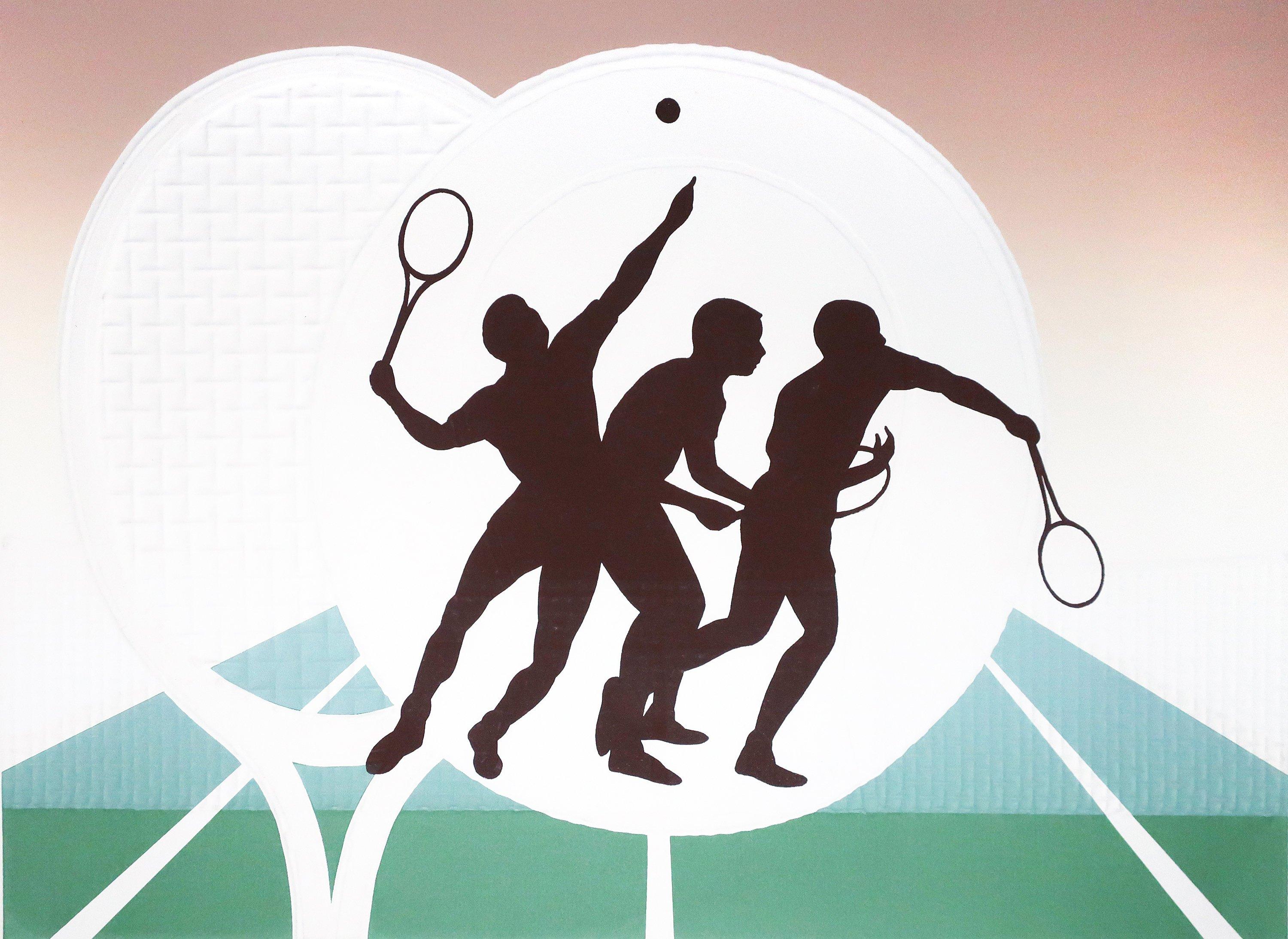 A Mid-Century Modern serigraph depicting a silhouetted tennis player against an embossed tennis net, racquet and ball. Amazing gift for any tennis fan!

The paper is 21.5