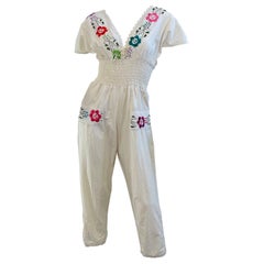 Vintage 1970s Embroidered Cotton Boho 70s Jumpsuit Smocked Waist Floral Pockets