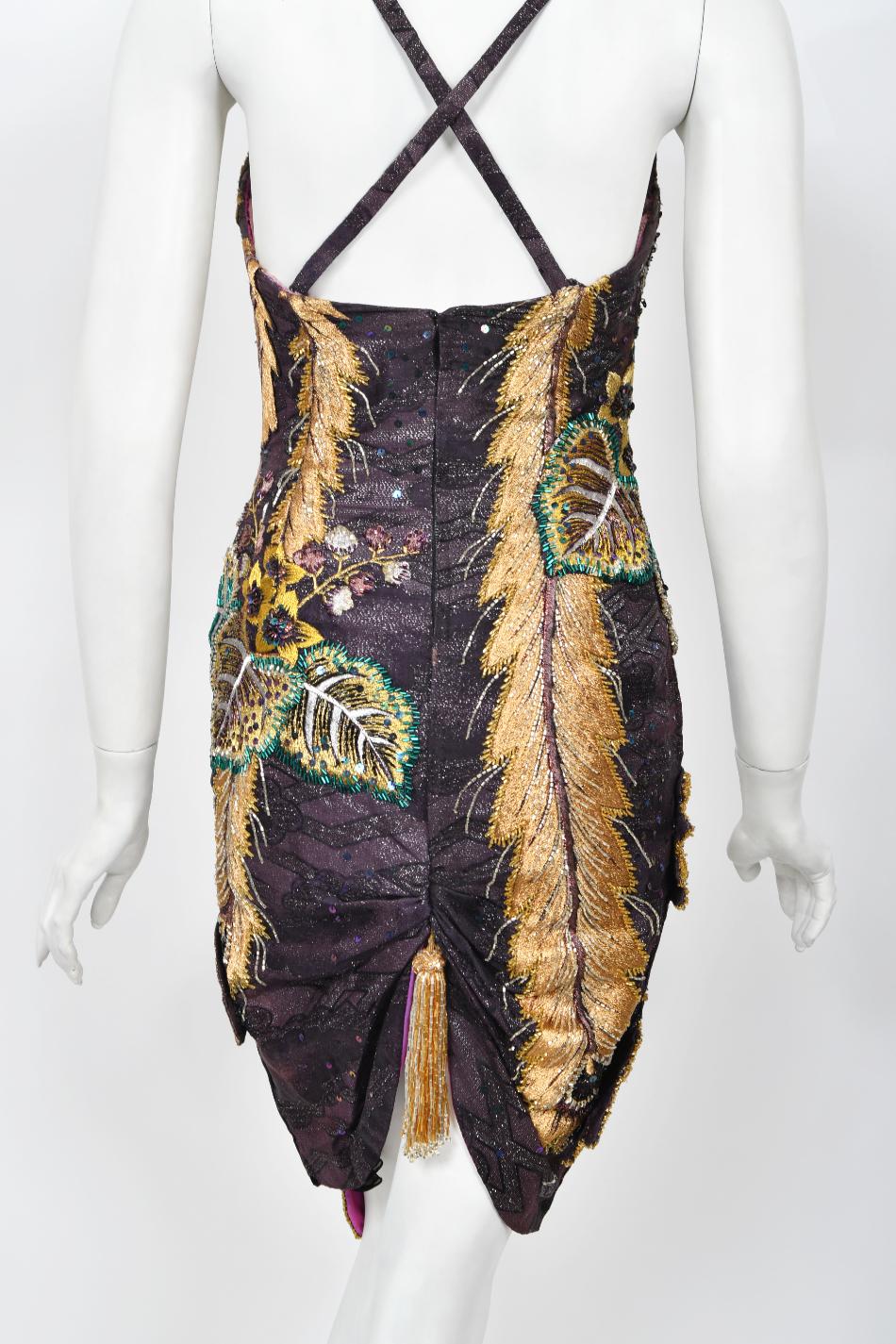 Vintage 1970's Embroidered Peacock Motif Beaded Silk Couture Dance Dress  14