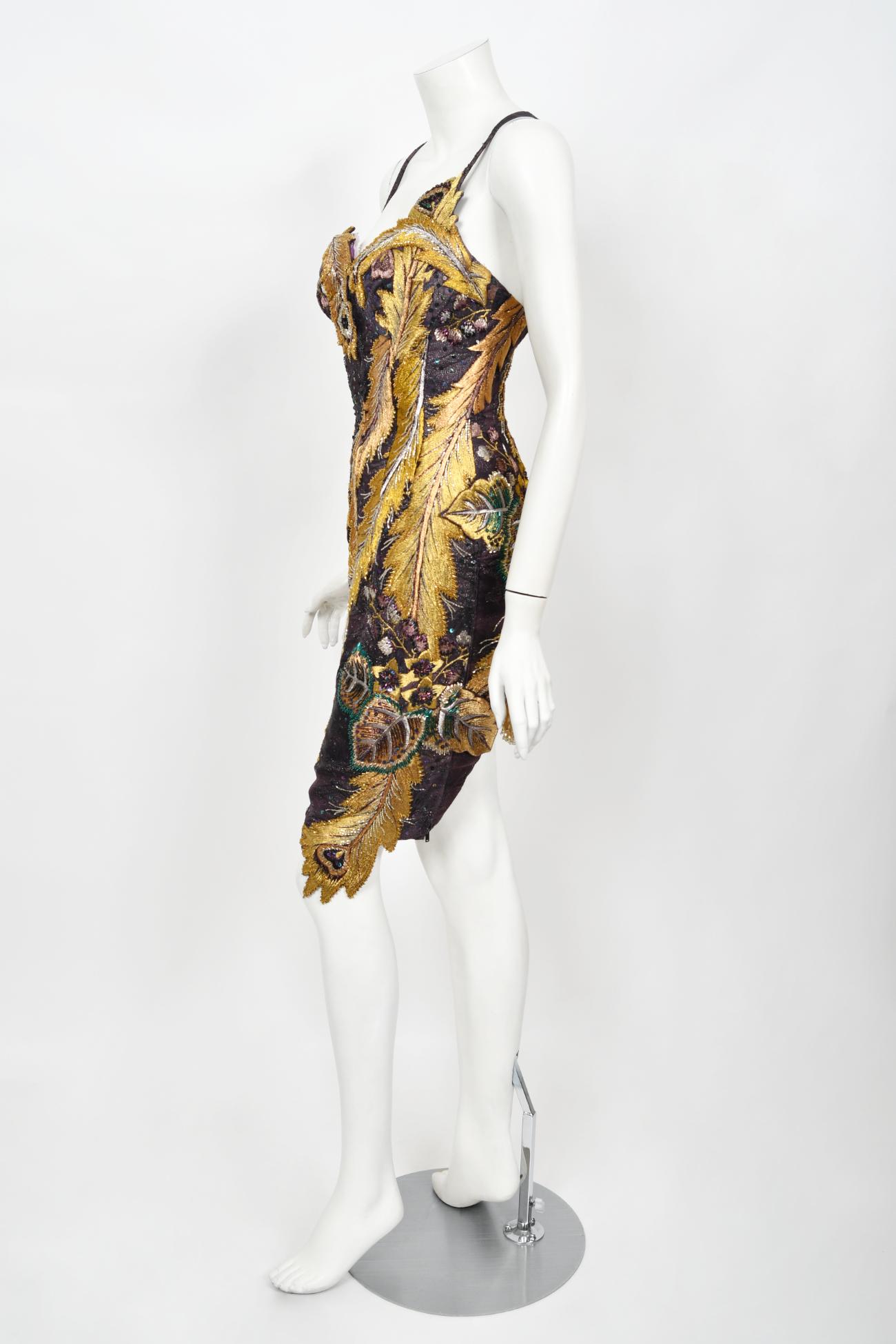 Vintage 1970's Embroidered Peacock Motif Beaded Silk Couture Dance Dress  5