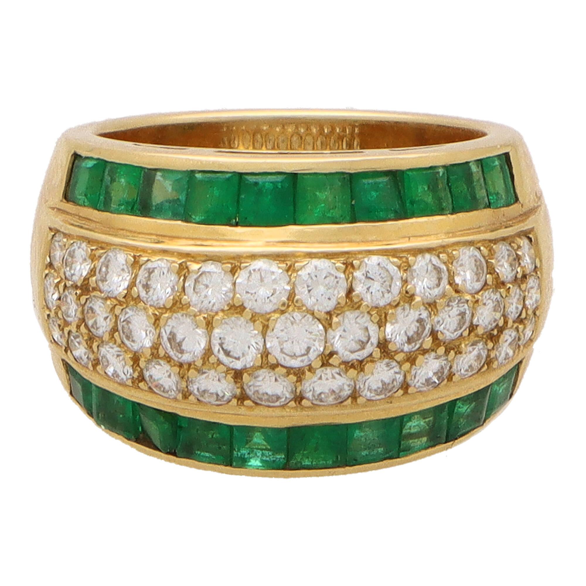 Round Cut Vintage 1970's Emerald and Diamond Bombe Ring in 18k Yellow Gold For Sale