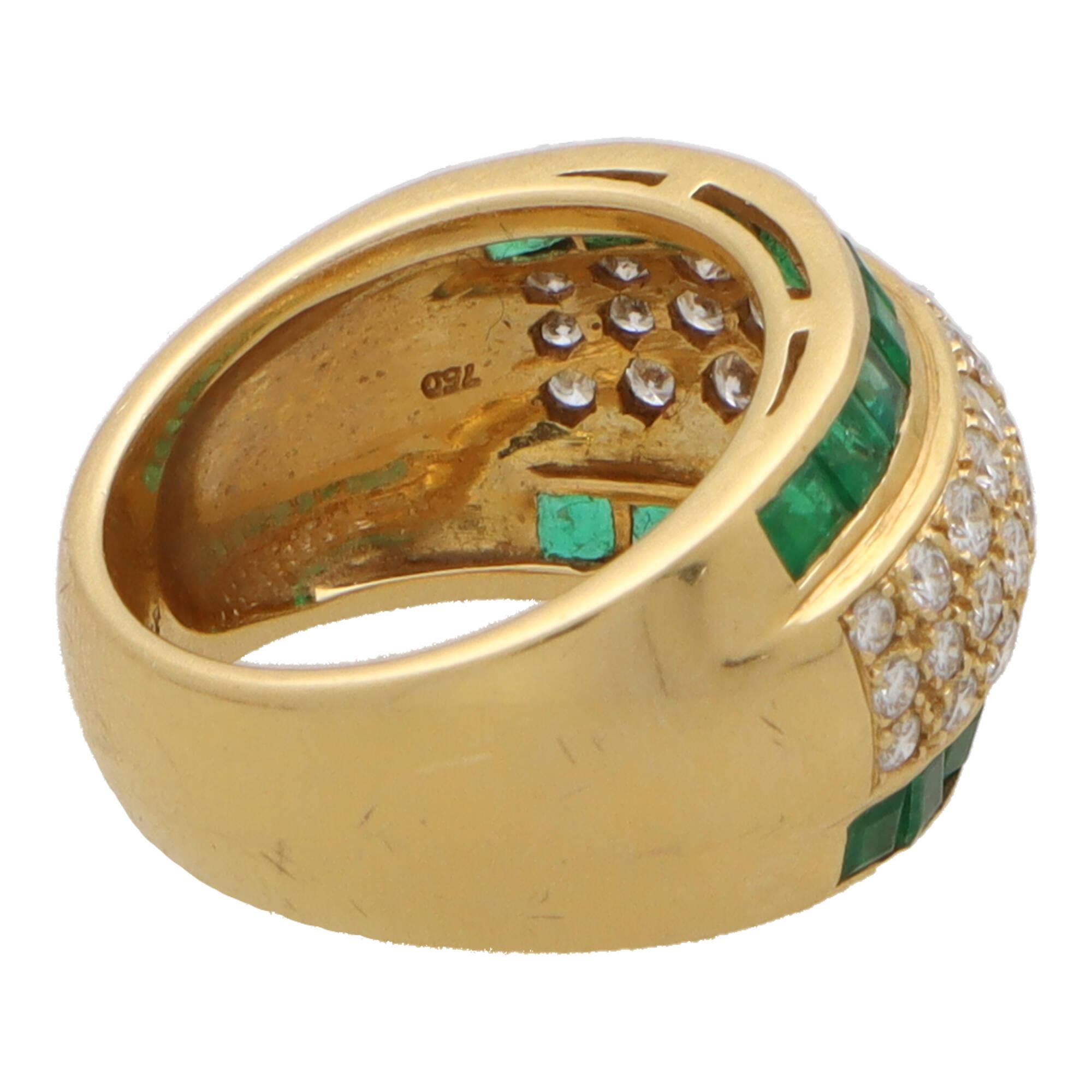 Vintage 1970's Emerald and Diamond Bombe Ring in 18k Yellow Gold In Excellent Condition For Sale In London, GB