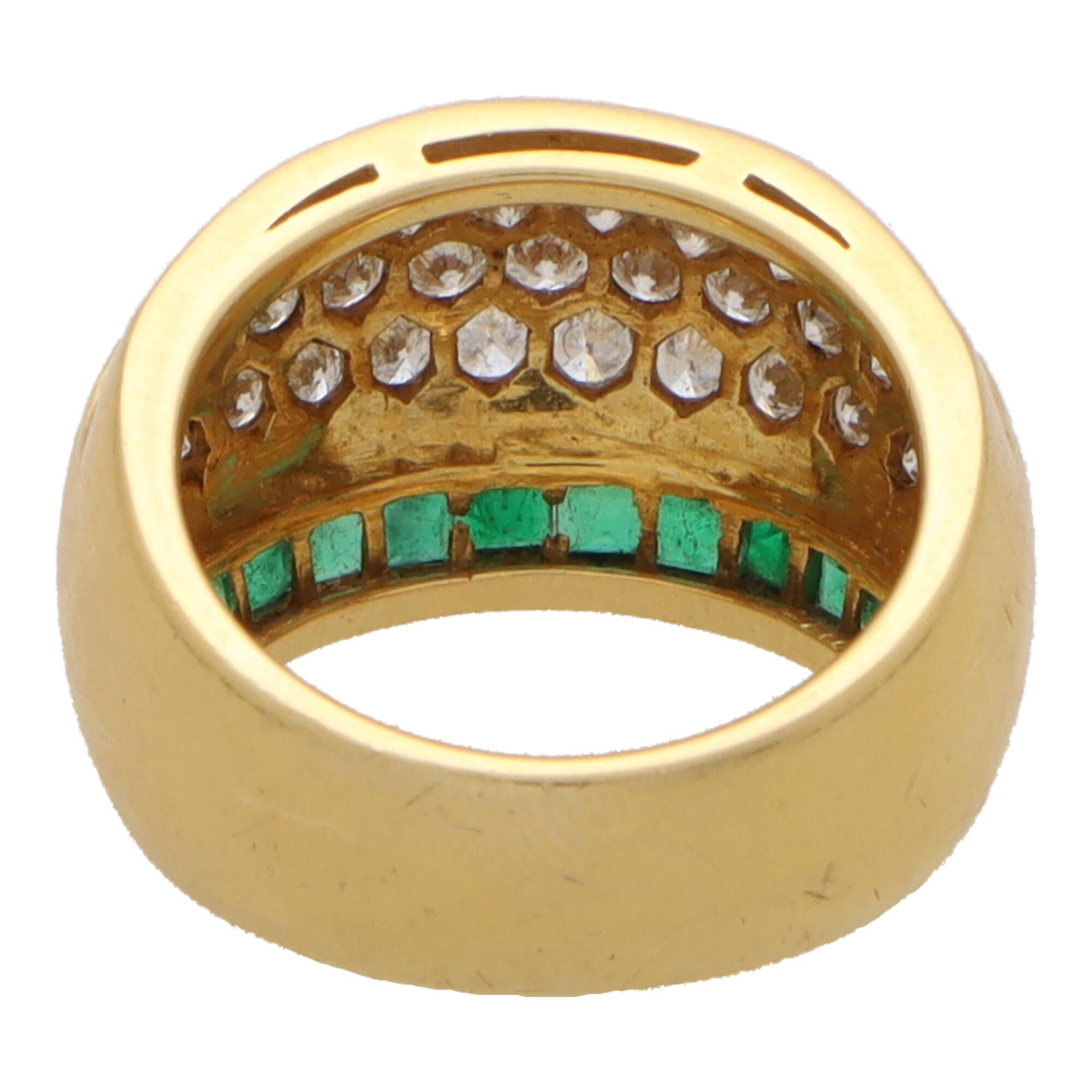 Women's or Men's Vintage 1970's Emerald and Diamond Bombe Ring in 18k Yellow Gold For Sale