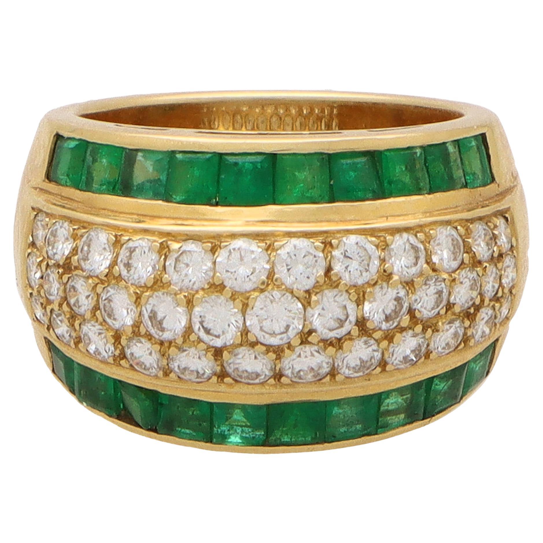 Vintage 1970's Emerald and Diamond Bombe Ring in 18k Yellow Gold For Sale