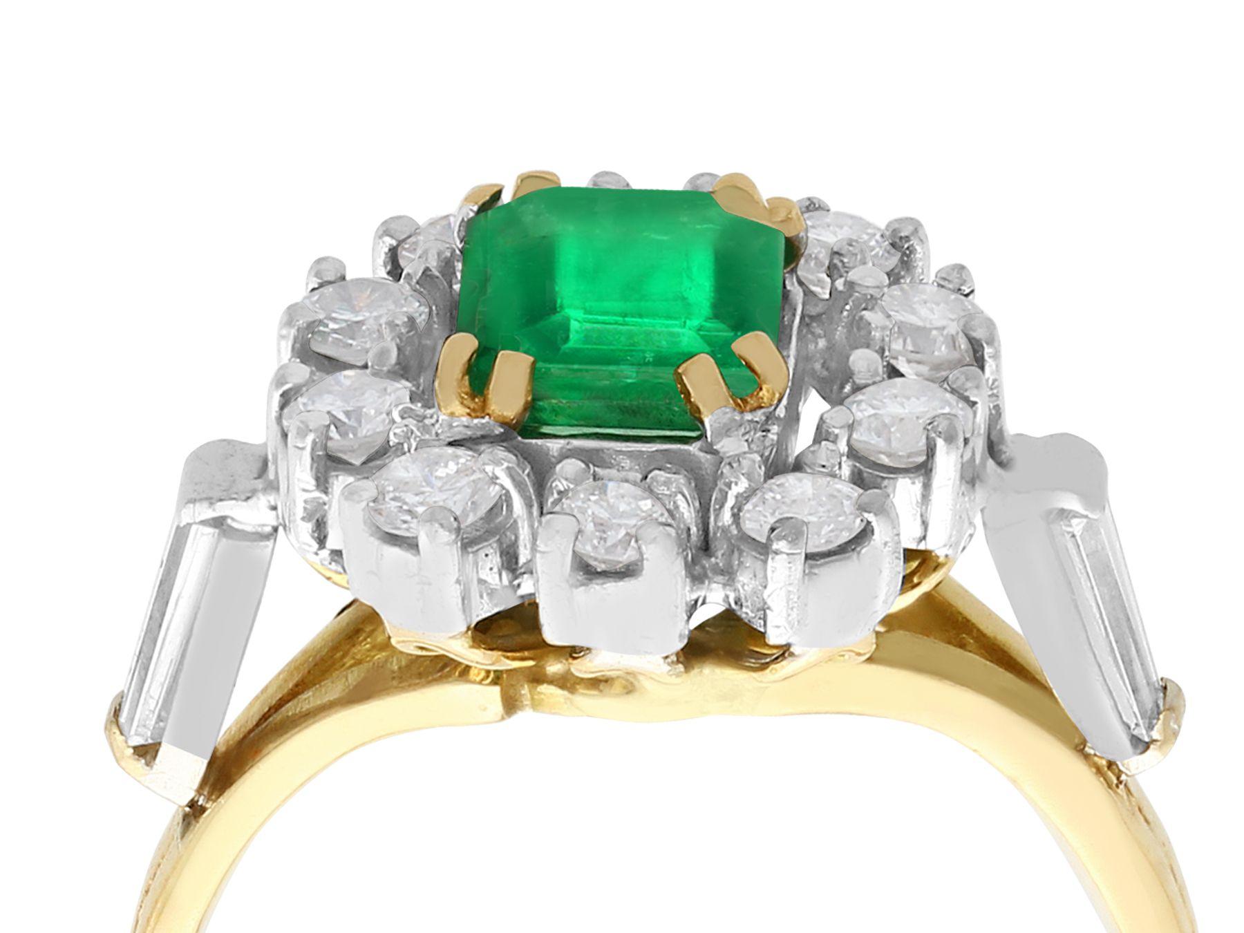 A fine and impressive vintage 0.84 carat natural emerald and 0.50 carat diamond, 18 karat yellow gold cluster ring; part of our vintage jewelry and estate jewelry collections

This impressive vintage emerald cut cluster ring has been crafted in 18k