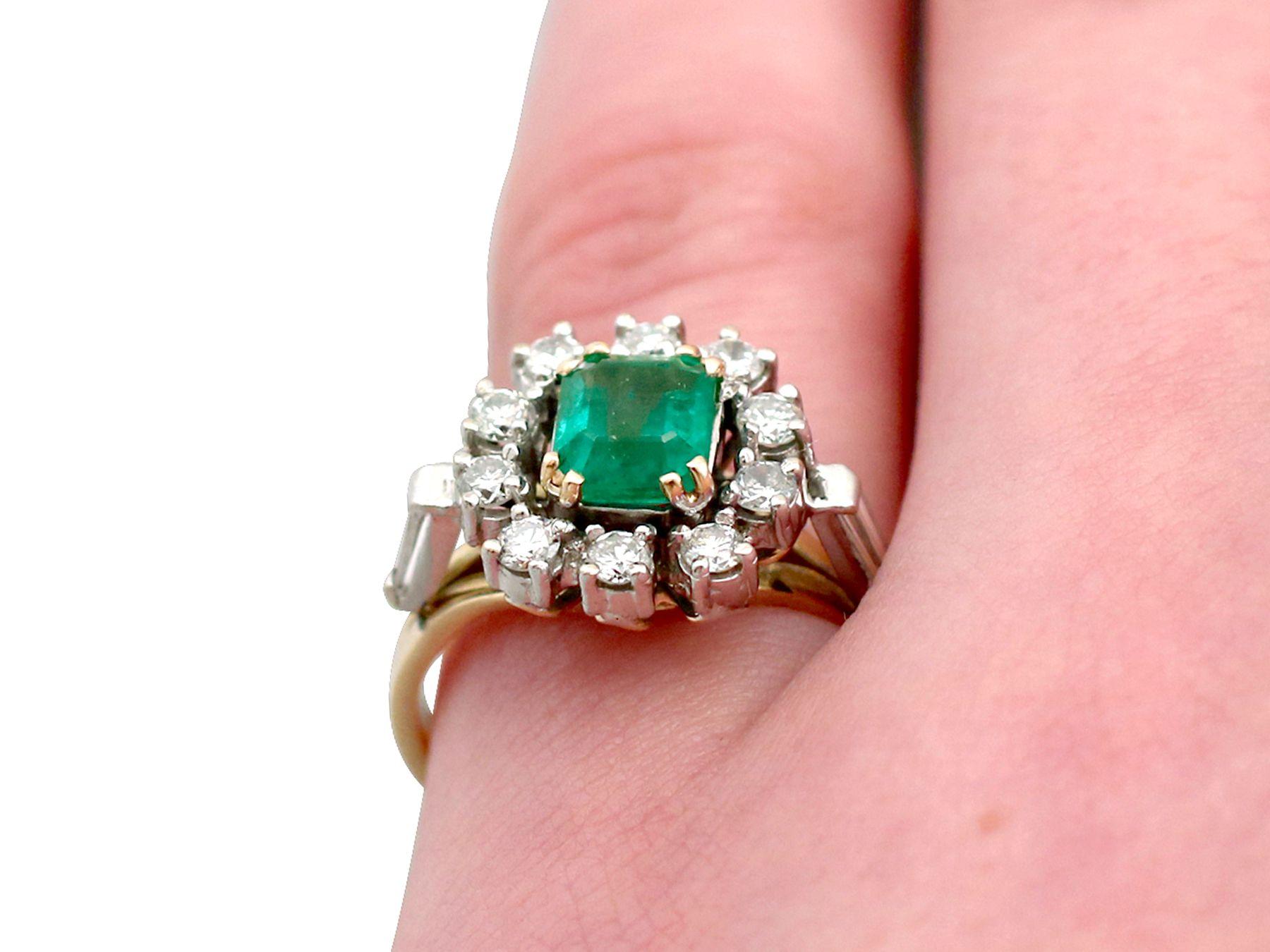 Vintage 1970s Emerald Cut Emerald and Diamond Yellow Gold Cluster Ring 4