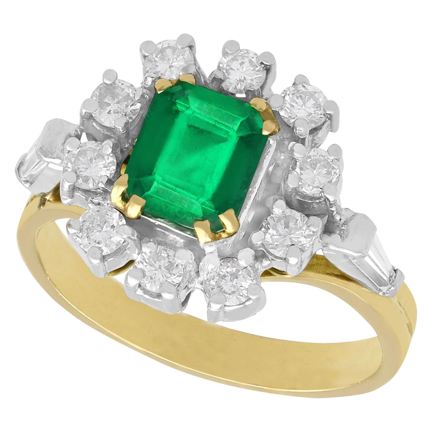 Vintage 1970s Emerald Cut Emerald and Diamond Yellow Gold Cluster Ring