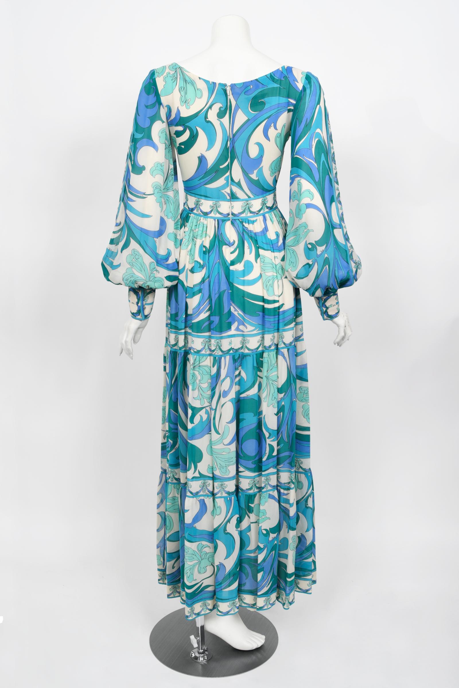 Vintage 1970's Emilio Pucci Blue Psychedelic Print Silk Billow-Sleeve Maxi Dress 7