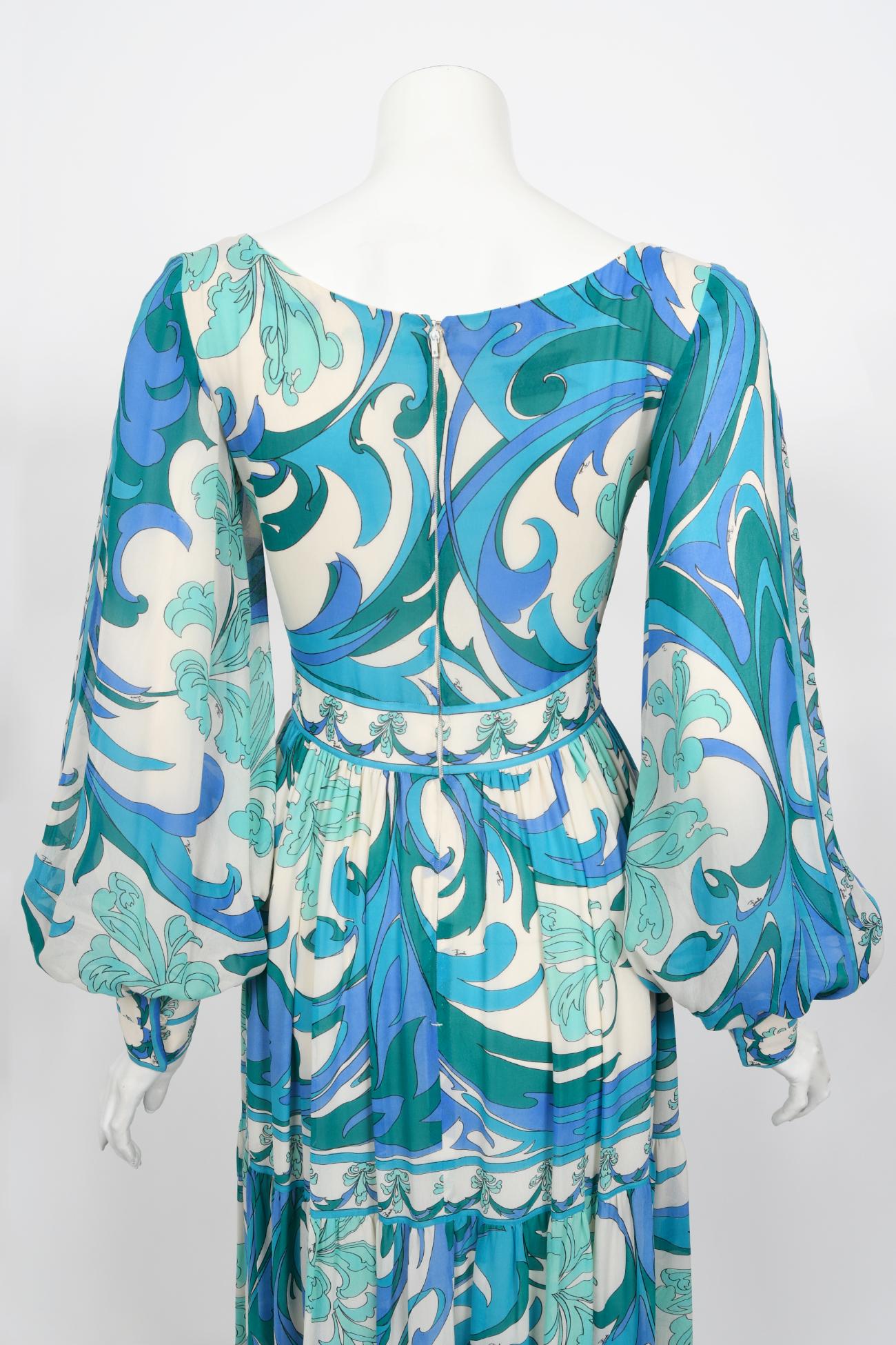 Vintage 1970's Emilio Pucci Blue Psychedelic Print Silk Billow-Sleeve Maxi Dress 8