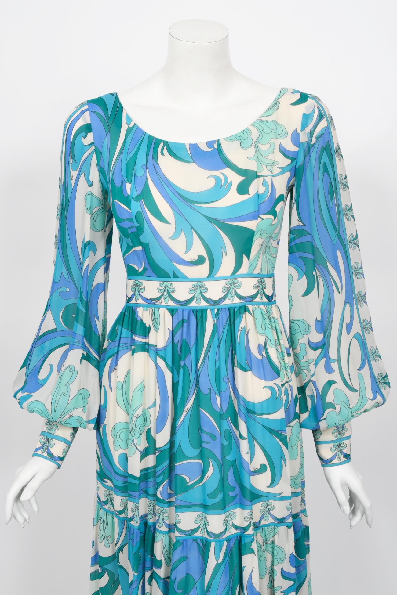 An absolutely gorgeous and totally timeless Emilio Pucci couture psychedelic leaf motif print silk maxi dress dating back to the early 1970's. Emilio Pucci was the king of textile innovative and beautiful prints during this period. His designs