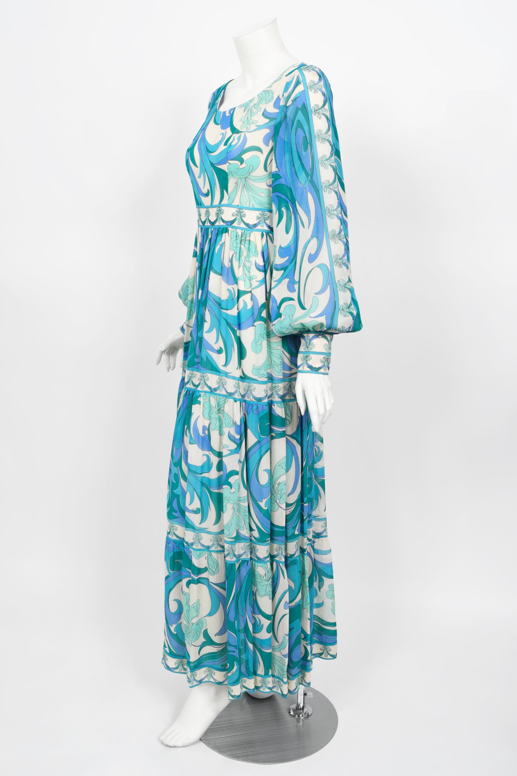 Vintage 1970's Emilio Pucci Blue Psychedelic Print Silk Billow-Sleeve Maxi Dress In Good Condition In Beverly Hills, CA