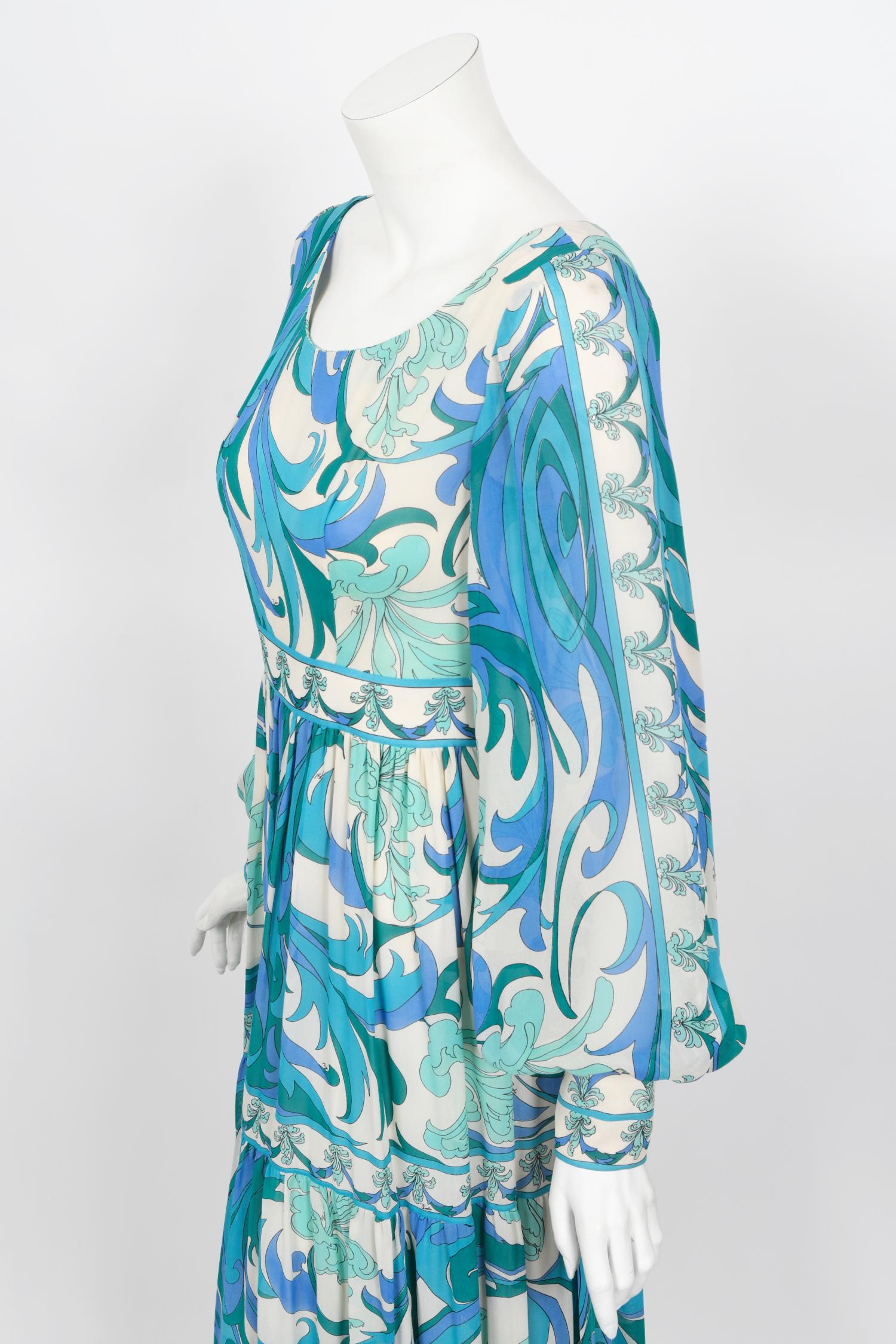 Women's Vintage 1970's Emilio Pucci Blue Psychedelic Print Silk Billow-Sleeve Maxi Dress