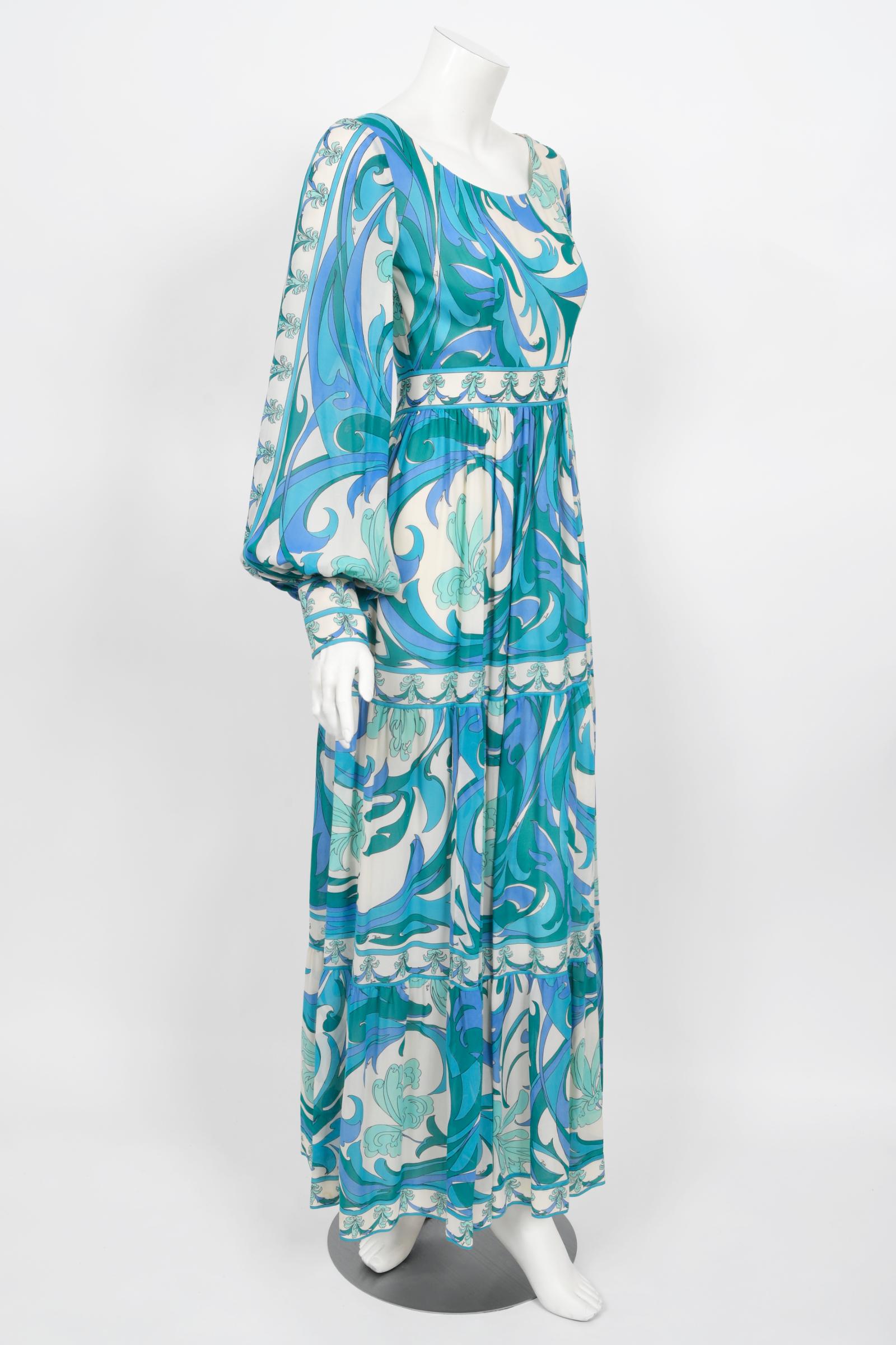 Vintage 1970's Emilio Pucci Blue Psychedelic Print Silk Billow-Sleeve Maxi Dress 4