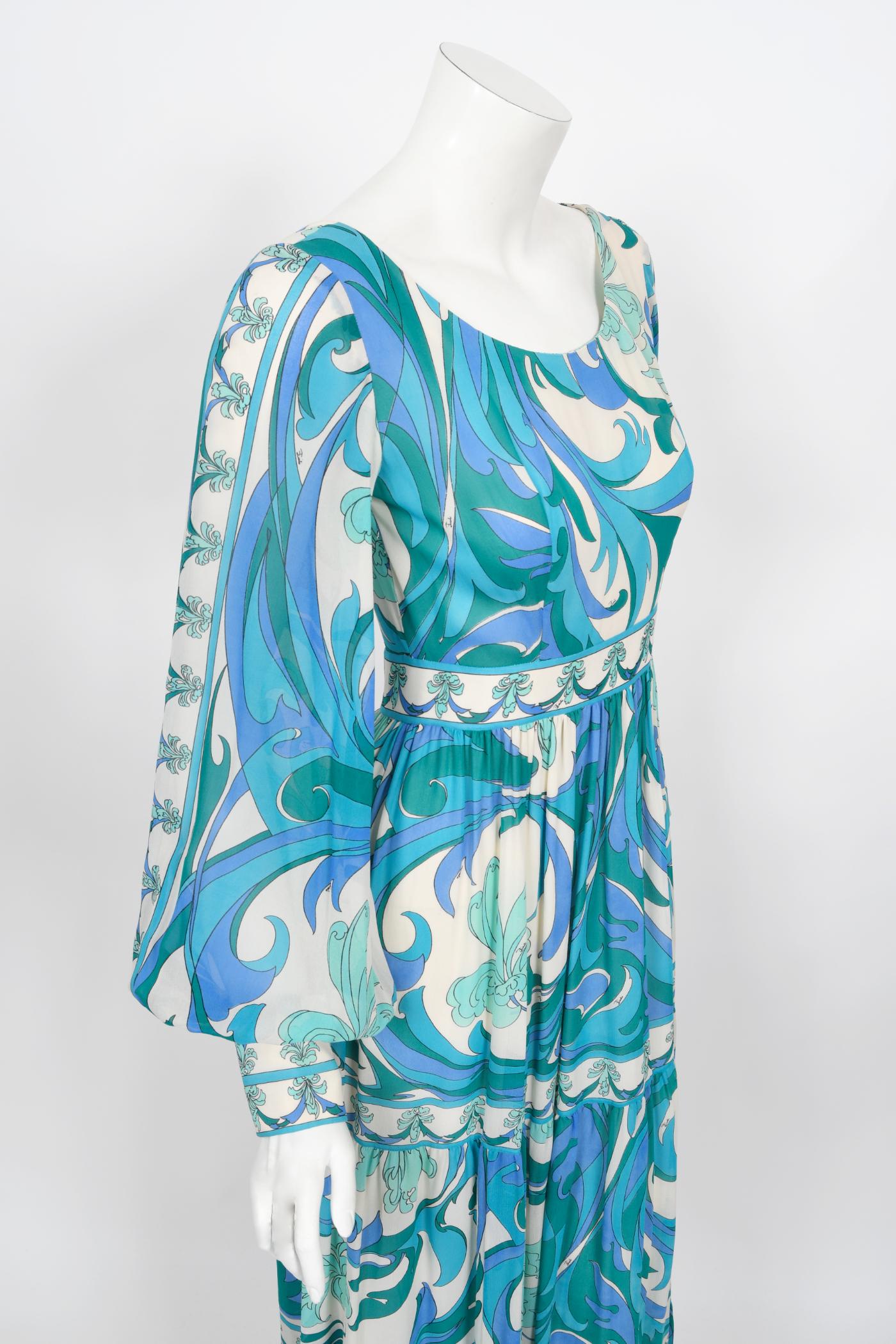 Vintage 1970's Emilio Pucci Blue Psychedelic Print Silk Billow-Sleeve Maxi Dress 5