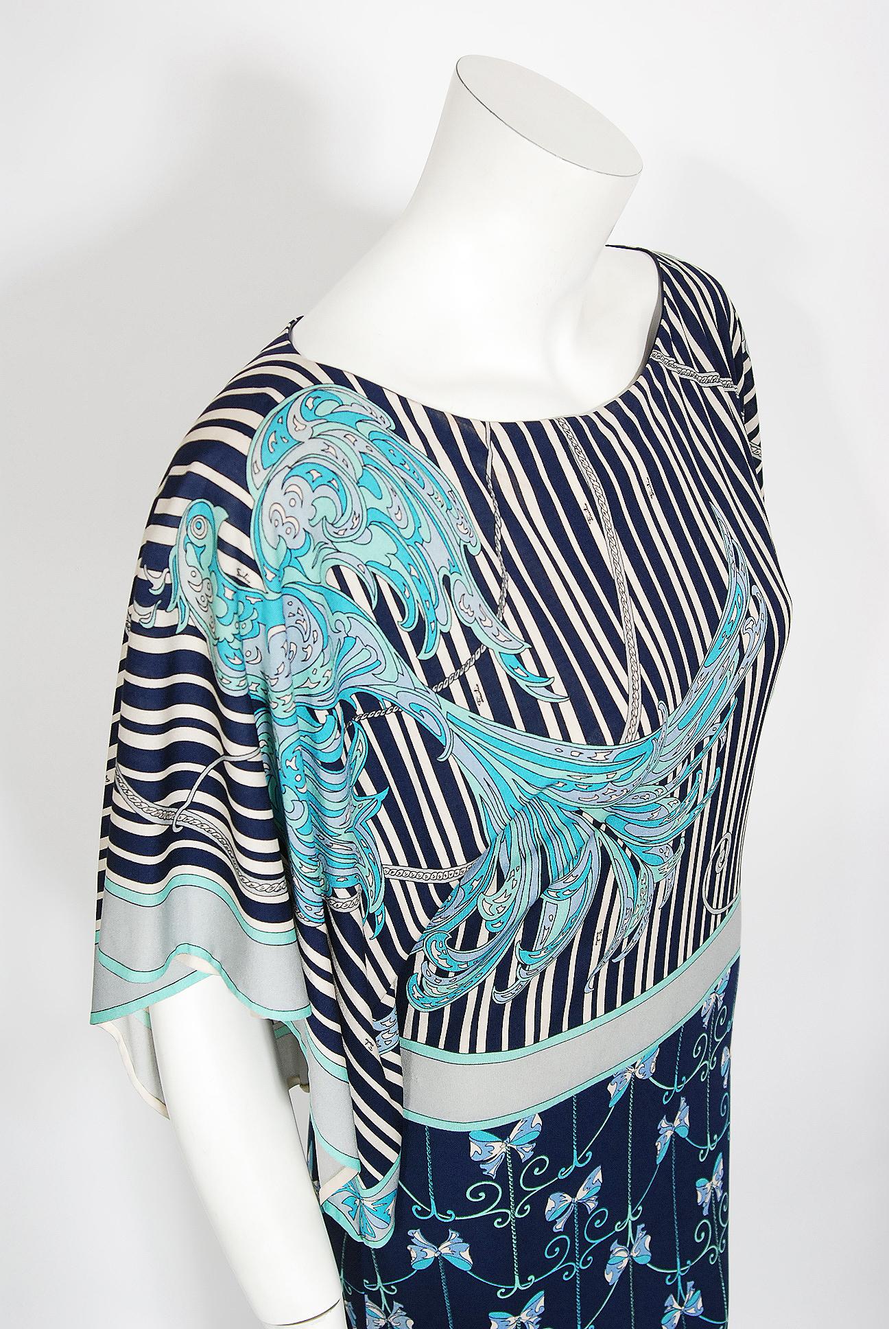 Vintage 1970's Emilio Pucci Phoenix-Bird Print Silk Handkerchief Sleeve Gown 8