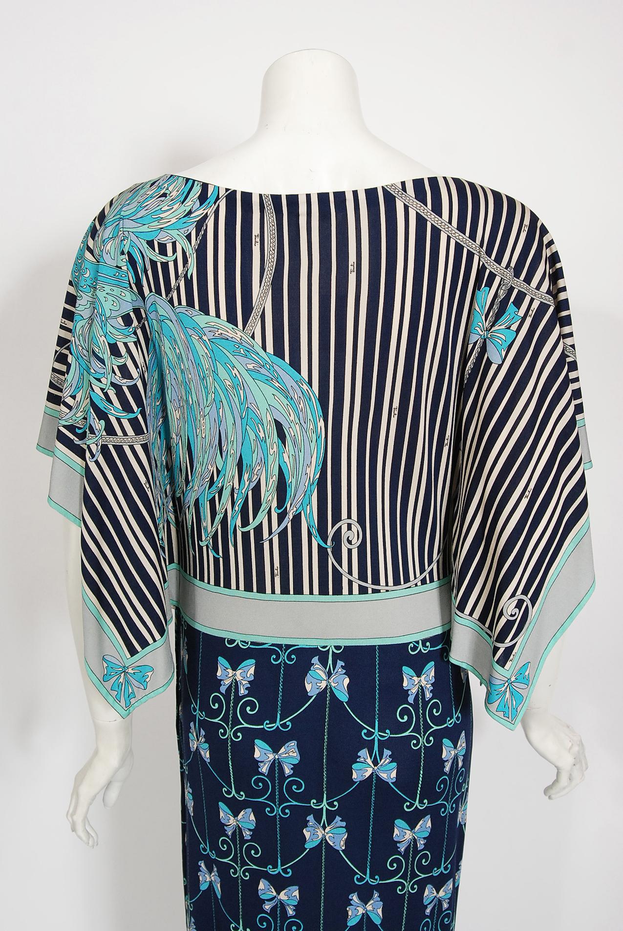 Vintage 1970's Emilio Pucci Phoenix-Bird Print Silk Handkerchief Sleeve Gown 10