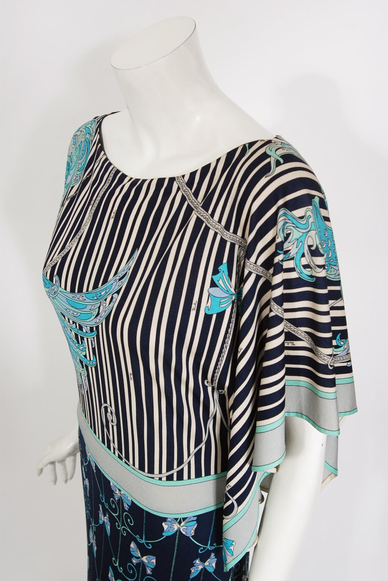 Vintage 1970's Emilio Pucci Phoenix-Bird Print Silk Handkerchief Sleeve Gown In Excellent Condition In Beverly Hills, CA