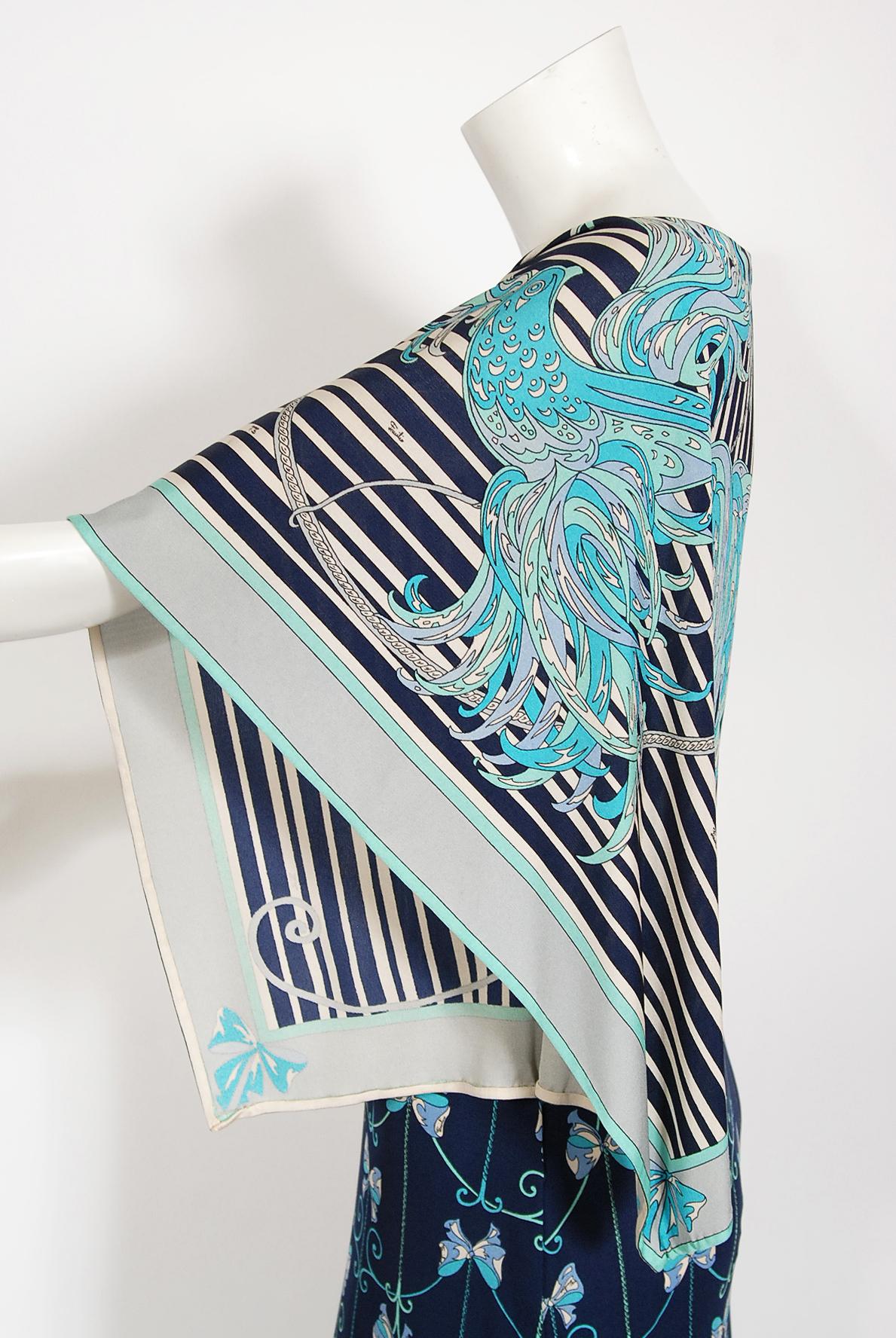 Women's Vintage 1970's Emilio Pucci Phoenix-Bird Print Silk Handkerchief Sleeve Gown