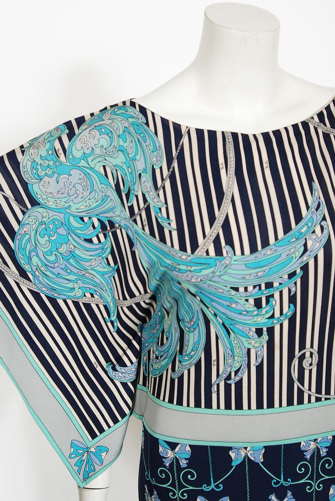 Vintage 1970's Emilio Pucci Phoenix-Bird Print Silk Handkerchief Sleeve Gown 1