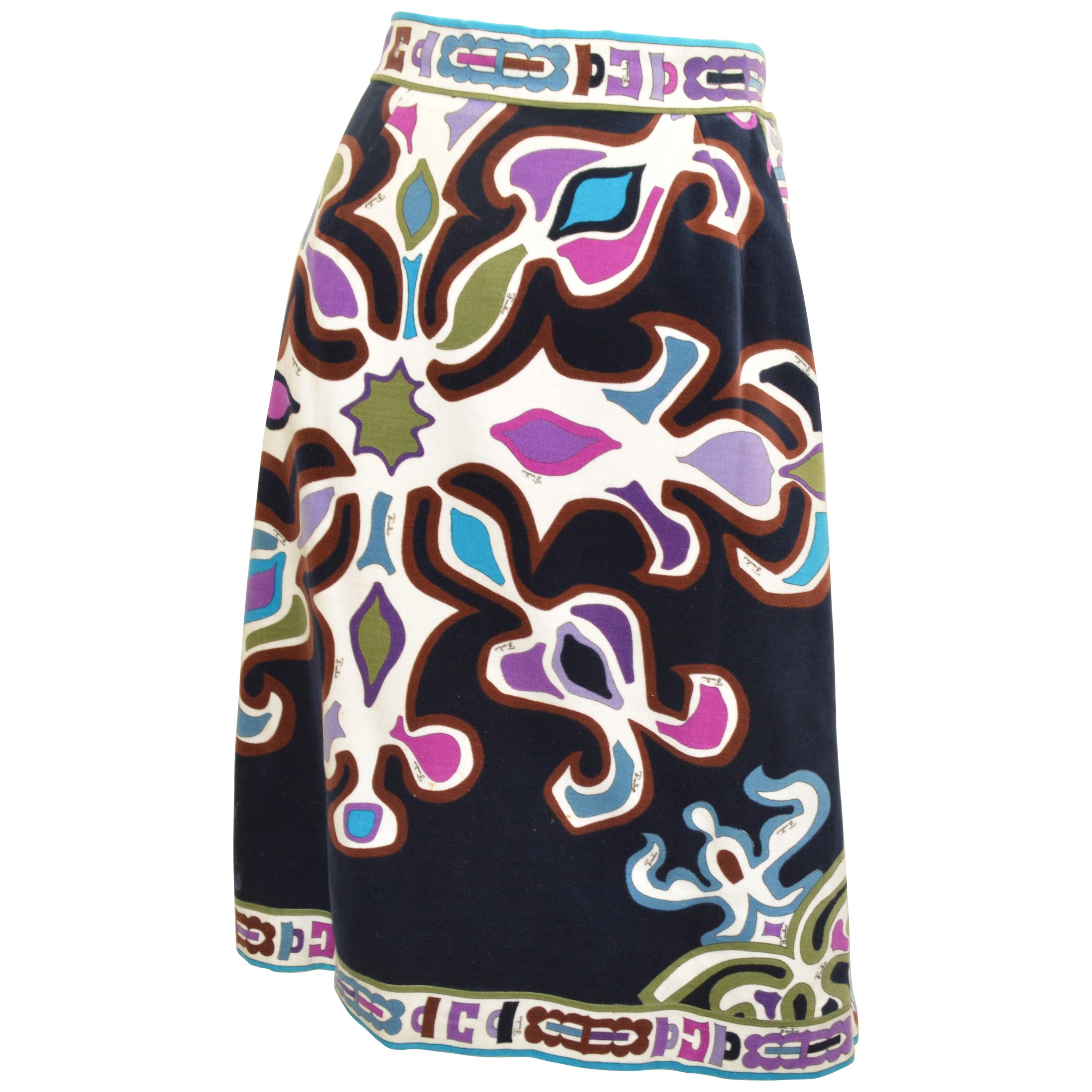 1960s Vintage Emilio Pucci Colorful Print Velvet A Line Skirt For Sale ...