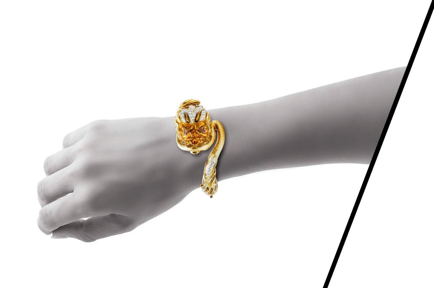Vintage 1970s Enamel and Diamond Lion Head Bracelet with Rubies In Good Condition For Sale In New York, NY
