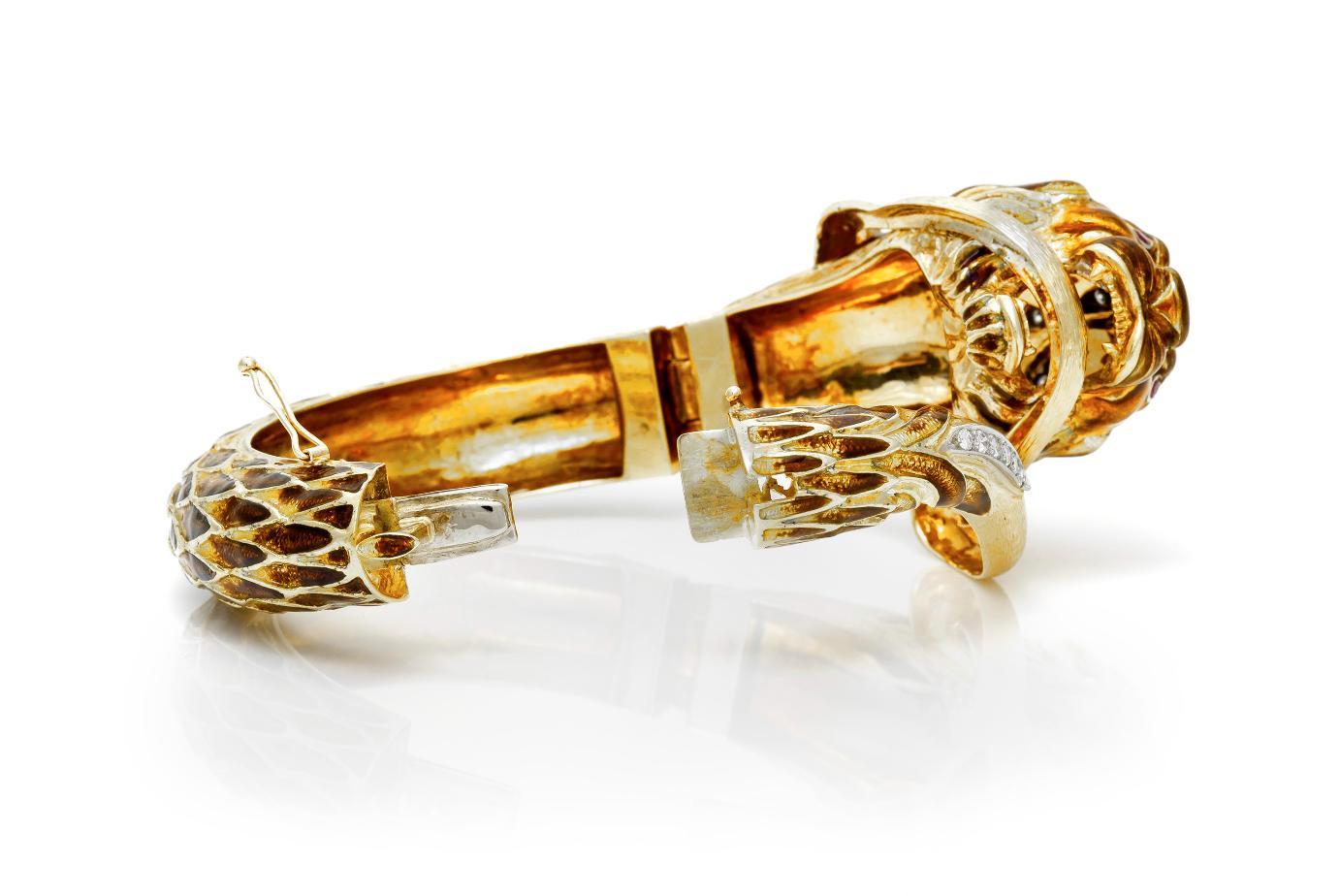 Women's Vintage 1970s Enamel and Diamond Lion Head Bracelet with Rubies For Sale