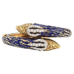 Vintage 1970s Enamel Bypass Hinged Bangle with Diamonds
