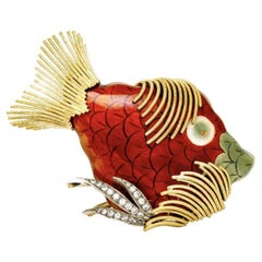 Vintage 1970s Enamel Fish Brooch with Diamonds