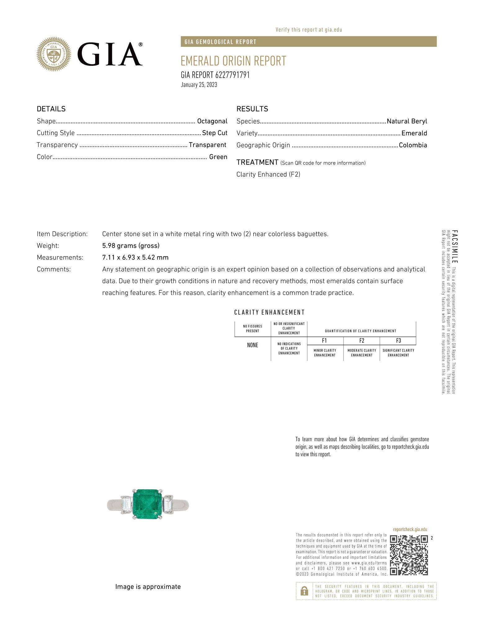 Vintage 1970er Jahre Nachlass GIA zertifiziert kolumbianischer 1,69 Karat Smaragd und Diamant-Ring, Vintage im Zustand „Gut“ im Angebot in Santa Barbara, CA