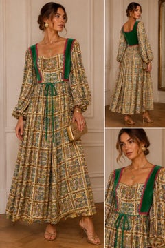 Vintage 1970s Estelle Allardale Green Velvet Paisley Renaissance Maxi Dress Gown