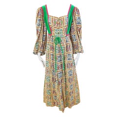 Vintage 1970s Estelle Allardale Green Velvet Paisley Renaissance Maxi Dress Gown