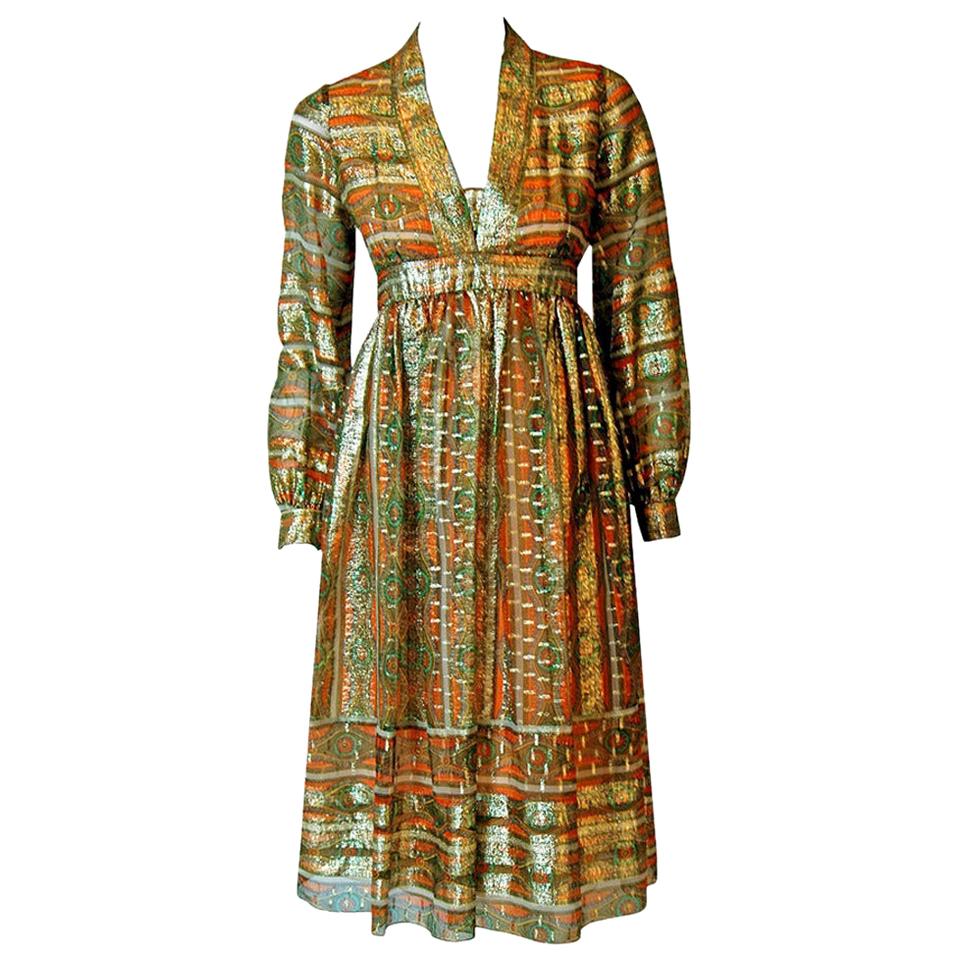 Vintage 1970's Esther Wolf Metallic Indian-Silk Empire Plunge Bohemian Dress