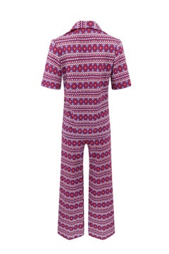 Vintage 1970s Fair Isle Jacquard Knit Short-Sleeve Top and Wide-Leg Pants Set