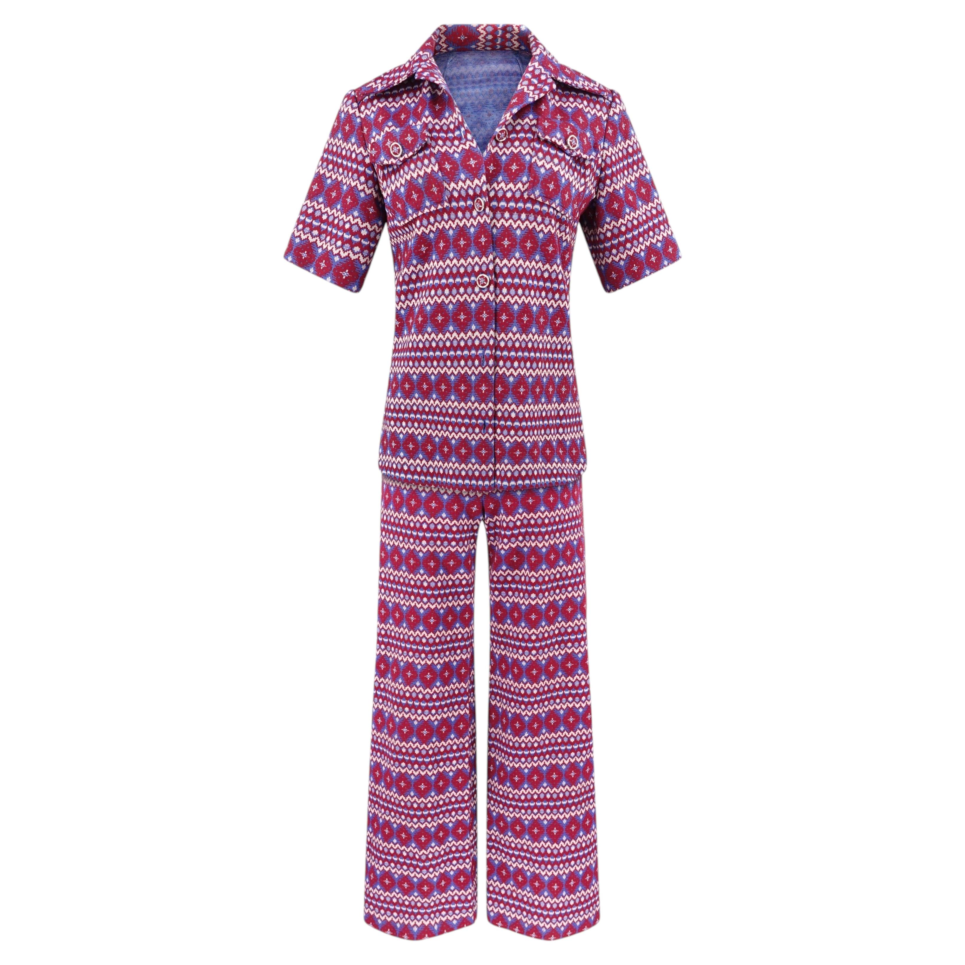 Vintage 1970s Fair Isle Jacquard Knit Short-Sleeve Top and Wide-Leg Pants Set For Sale