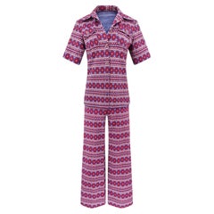 Vintage 1970s Fair Isle Jacquard Knit Short-Sleeve Top and Wide-Leg Pants Set