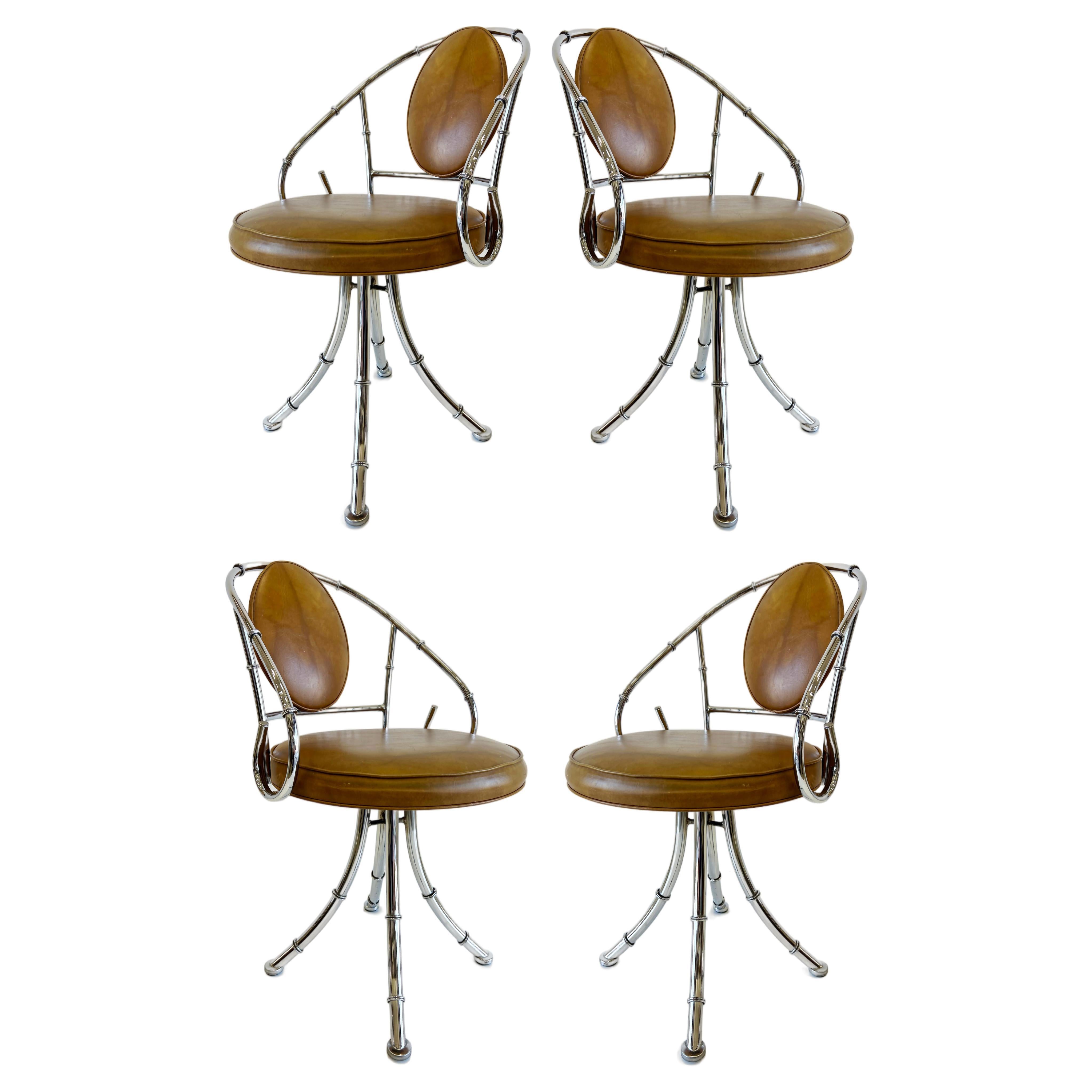 Vintage 1970s Faux Bamboo Chrome Swivel Dining Chairs- Set of 4 For Sale