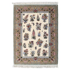 Vintage 1970s Fine Floral Persian Isfahan Rug, Ivory Field, Silk and Wool, 4x6