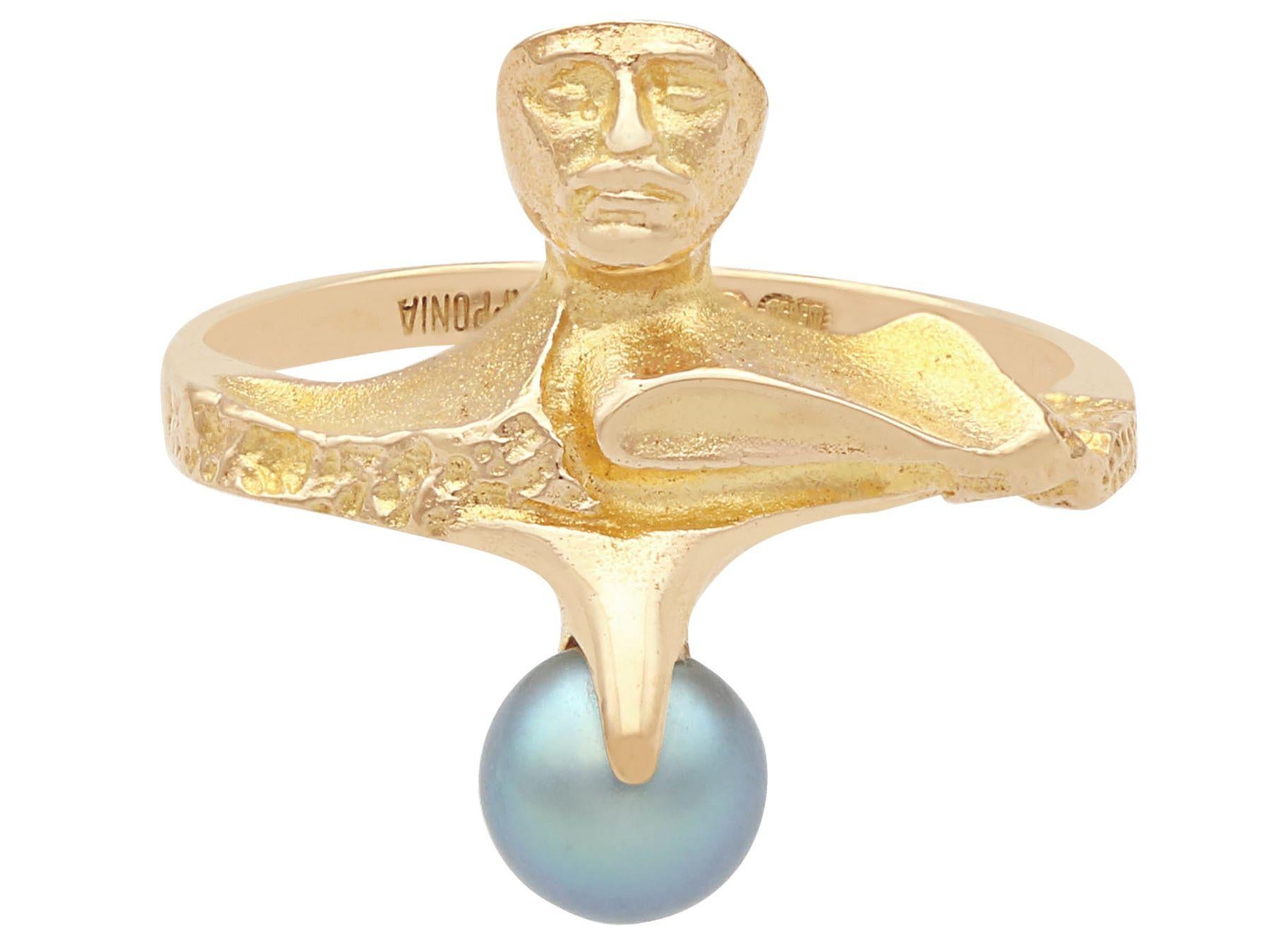Uncut Vintage 1970s Finnish Cultured Pearl and Yellow Gold Cocktail Ring by Lapponia