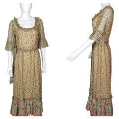 Retro 1970s floral maxi dress, Boho, frill hem 