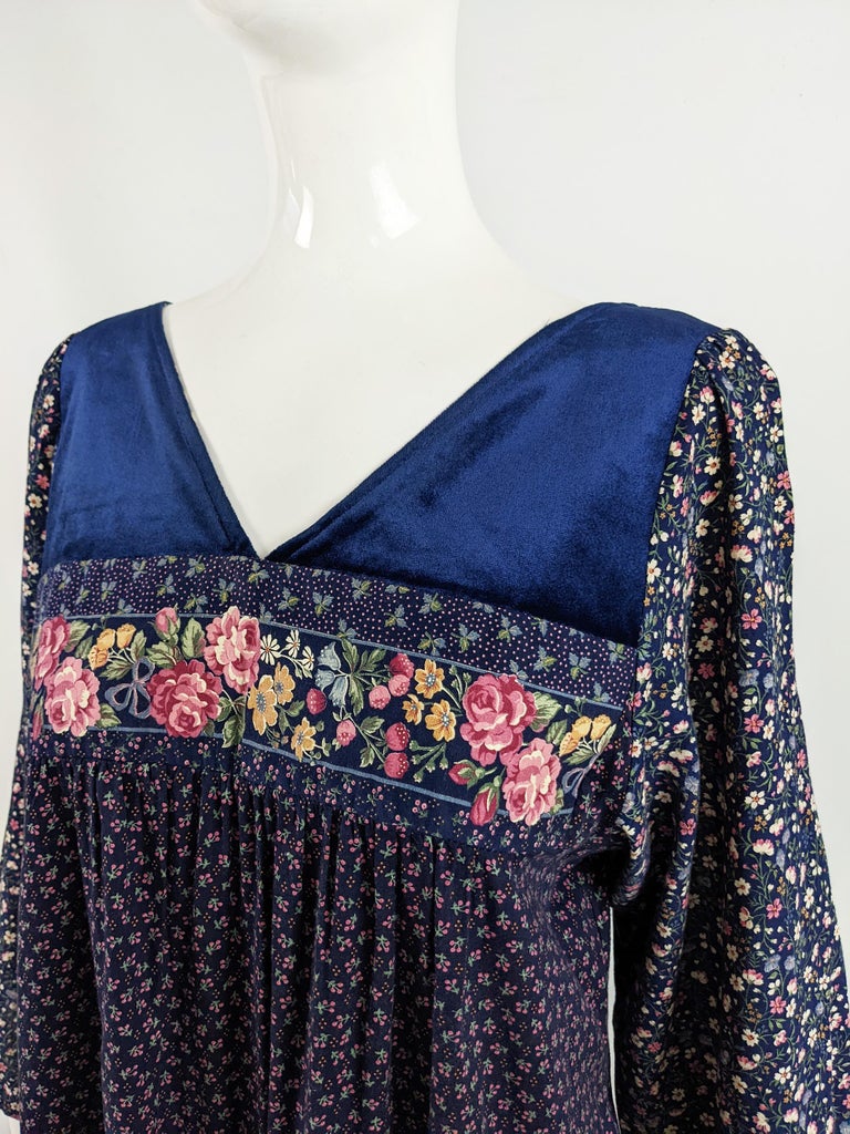 Vintage 1970s Floral Print Cotton and Velvet Boho Maxi Tent Dress For ...
