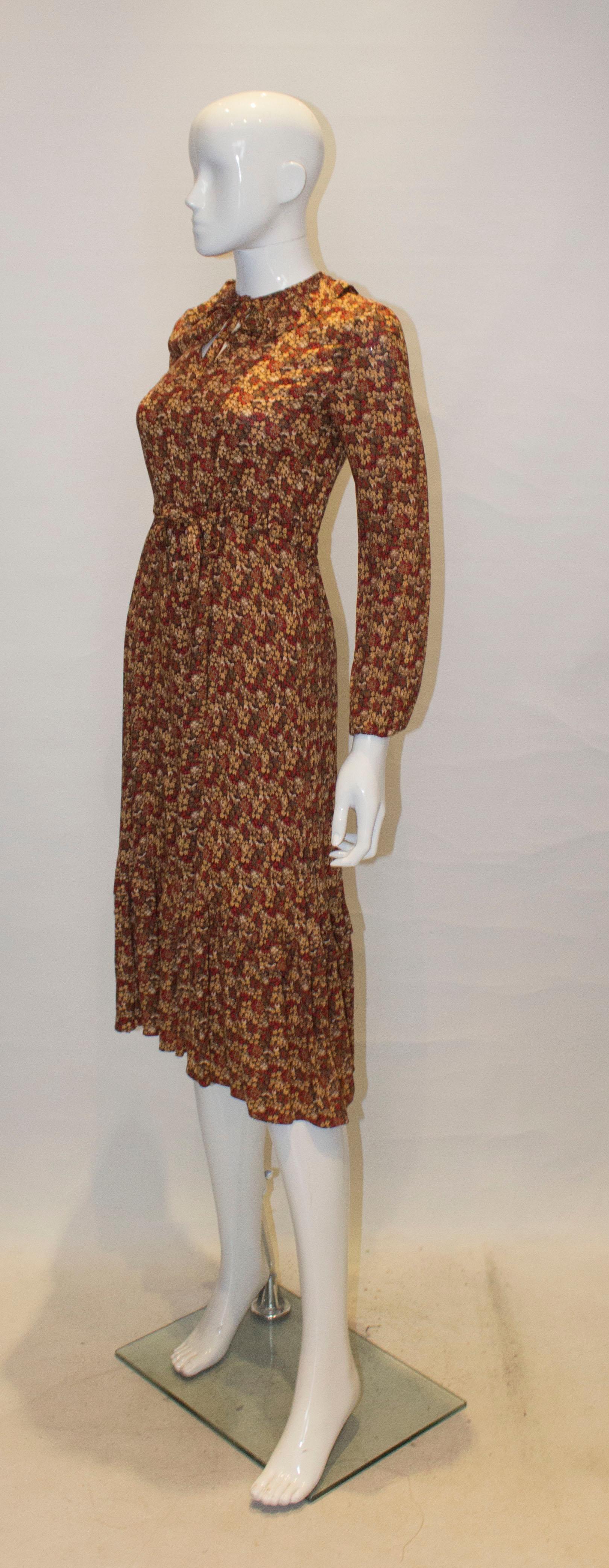 Brown Vintage 1970s Floral Print Dress with Frill Collar For Sale
