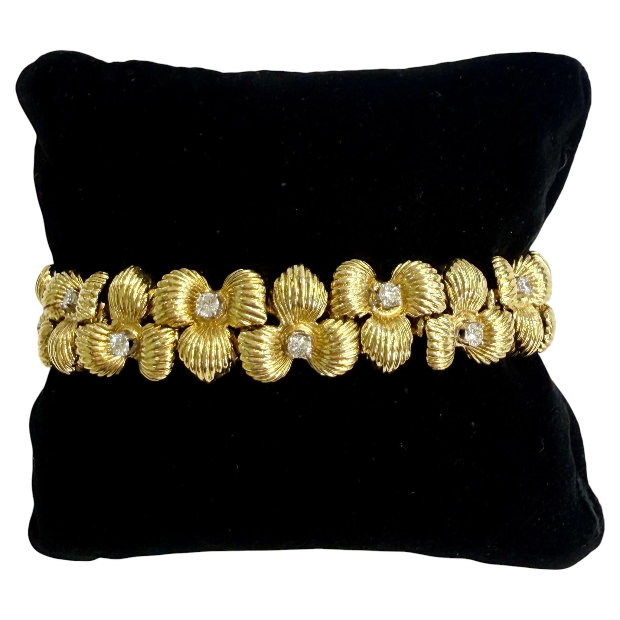 Vintage 1970's Flower Diamond Bracelet 18k Yellow Gold