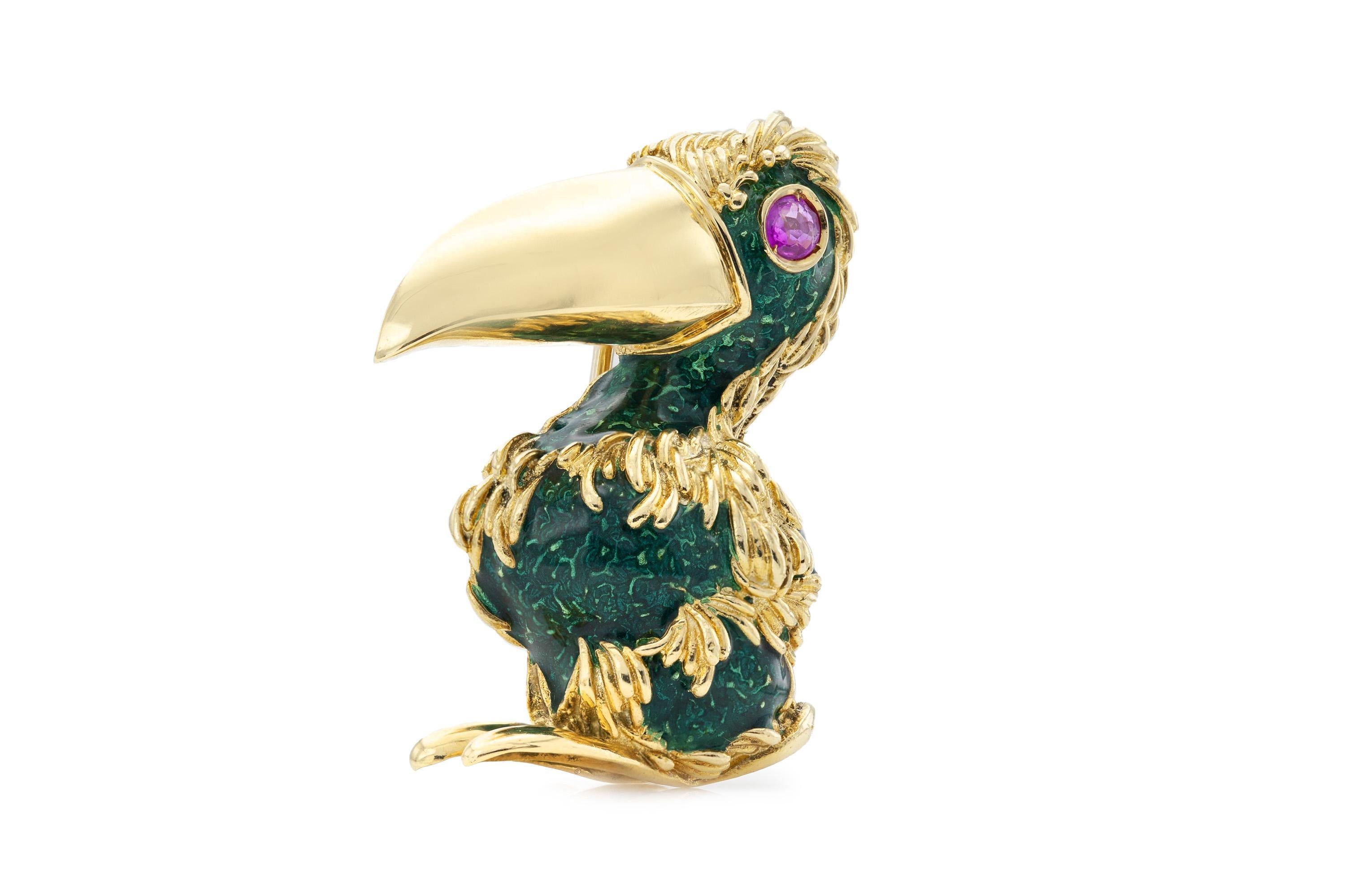 Finely crafted with green enamel over 18k yellow gold and a Round cut Ruby as the eye.
Signed by Frascarolo
Circa 1970s
1 1/2 x 1 1/8 inches