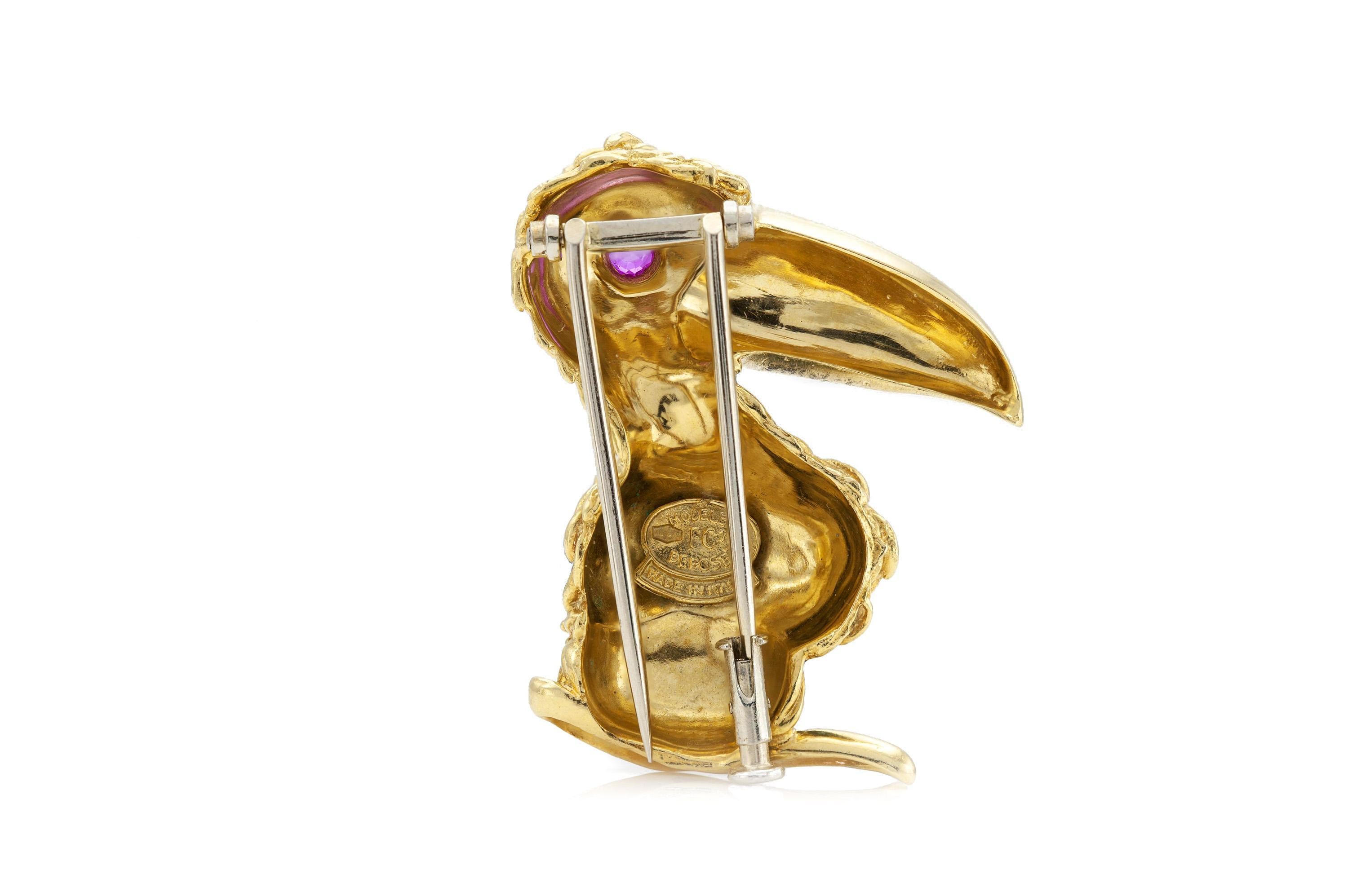 Vintage 1970s Frascarolo Tucan Brooch with Ruby In Good Condition For Sale In New York, NY