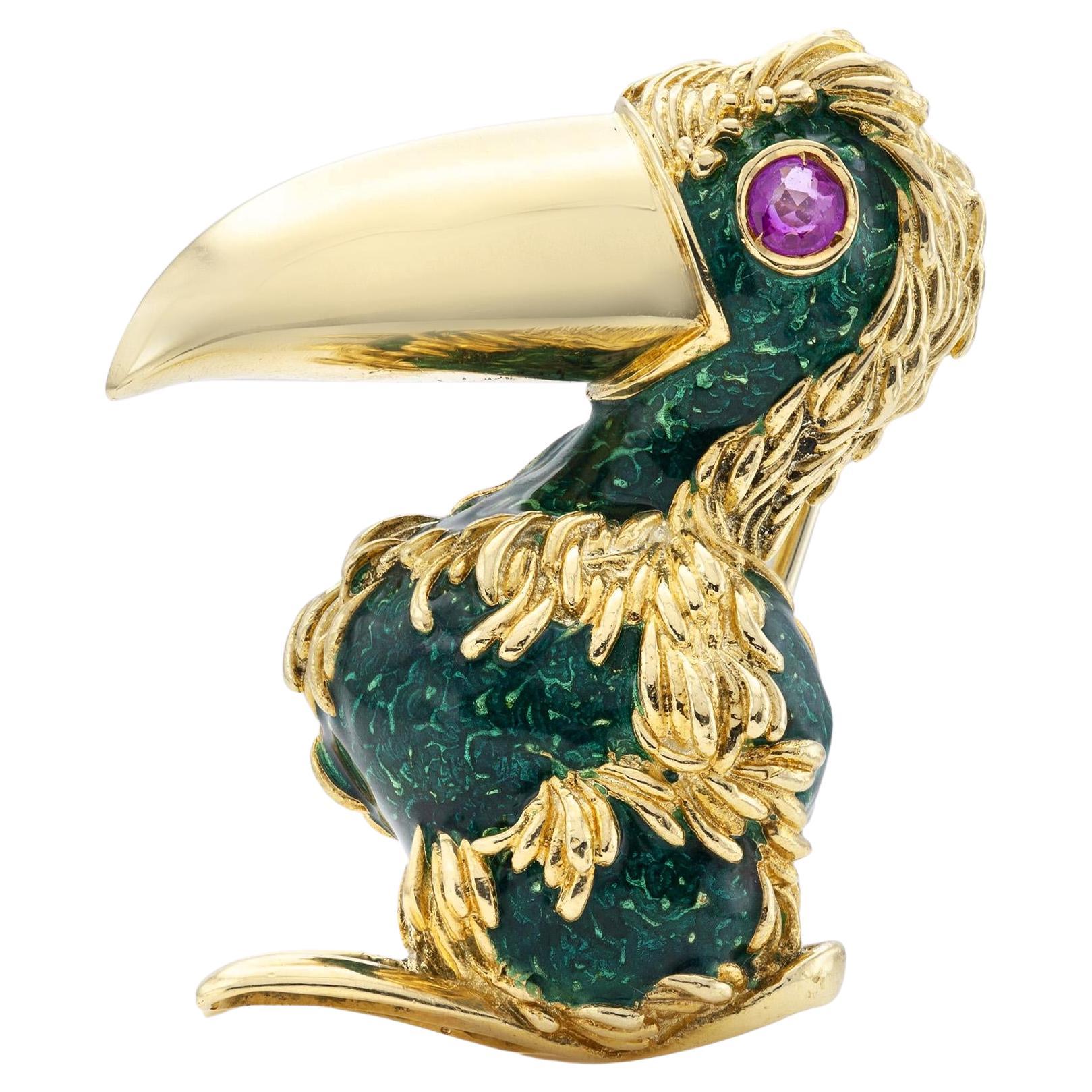 Vintage 1970s Frascarolo Tucan Brooch with Ruby