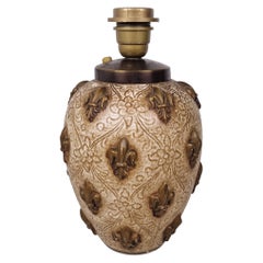 Vintage 1970s French Ceramic Table Lamp Base with Brass Fleur-de-Lis Details